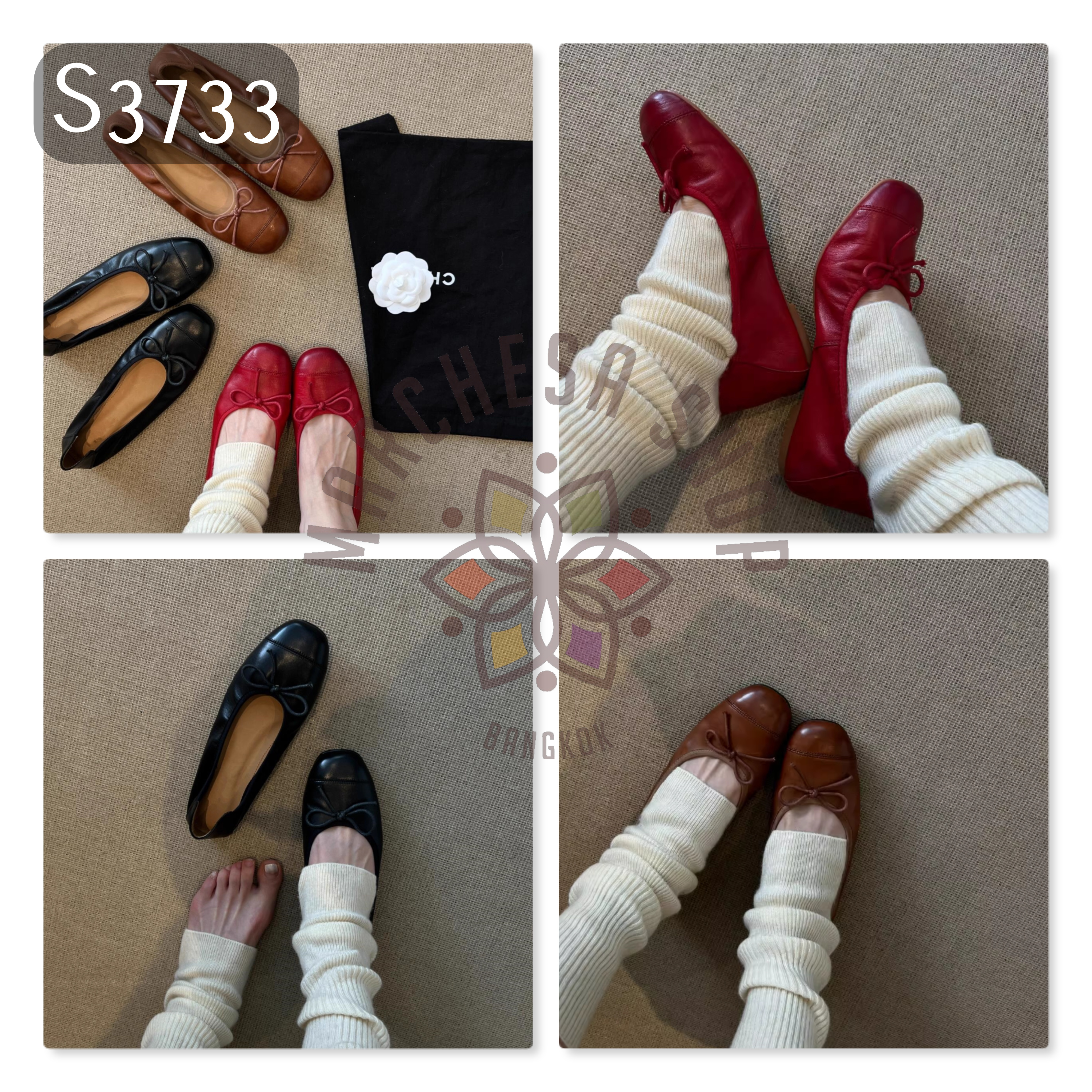 S3733 - 頭層羊仔軟皮復古蝴蝶結圓頭鞋