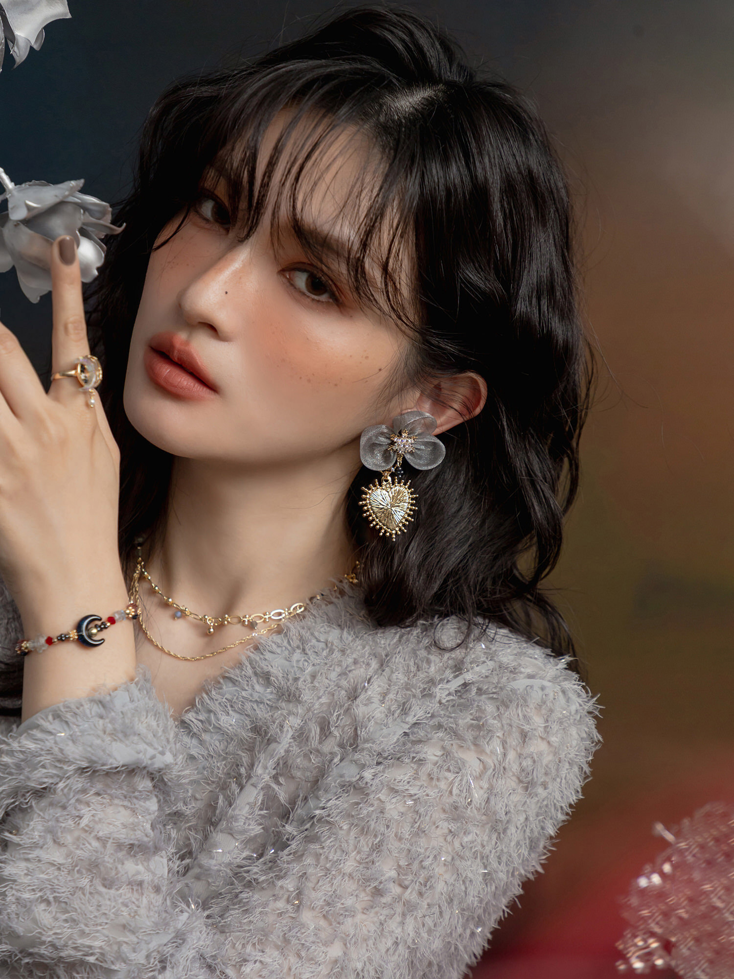 夏娃的心動記號。(2way)MUCHAT手作14KGP雪花愛心紗純銀針耳環