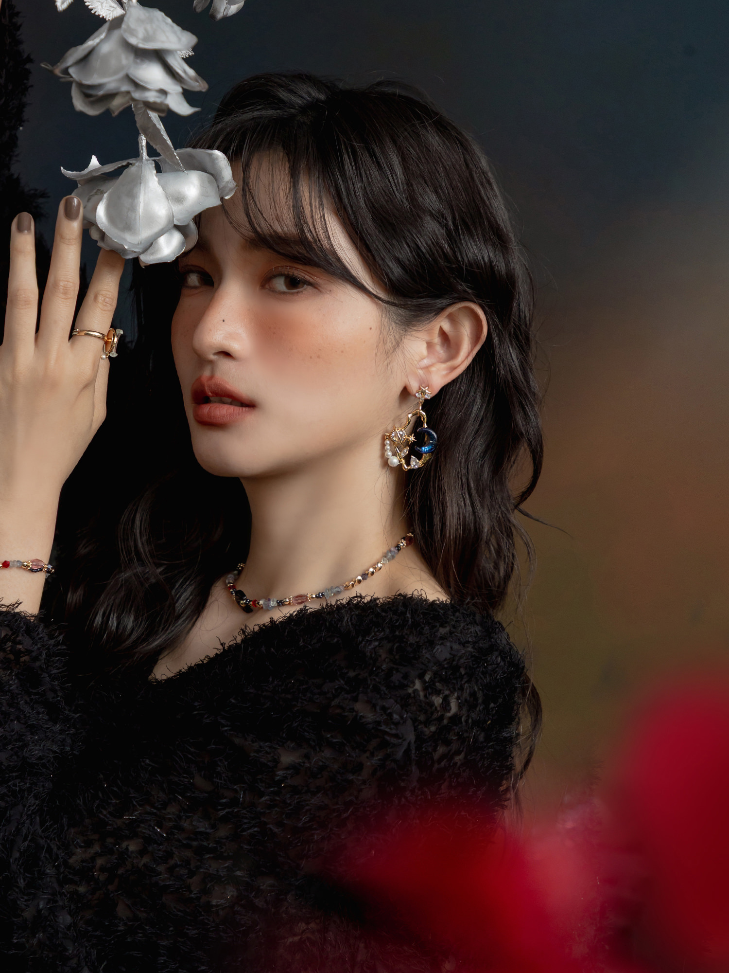 暗夜星月。MUCHAT手作14+18KGP鏤空星月珍珠純銀針耳環