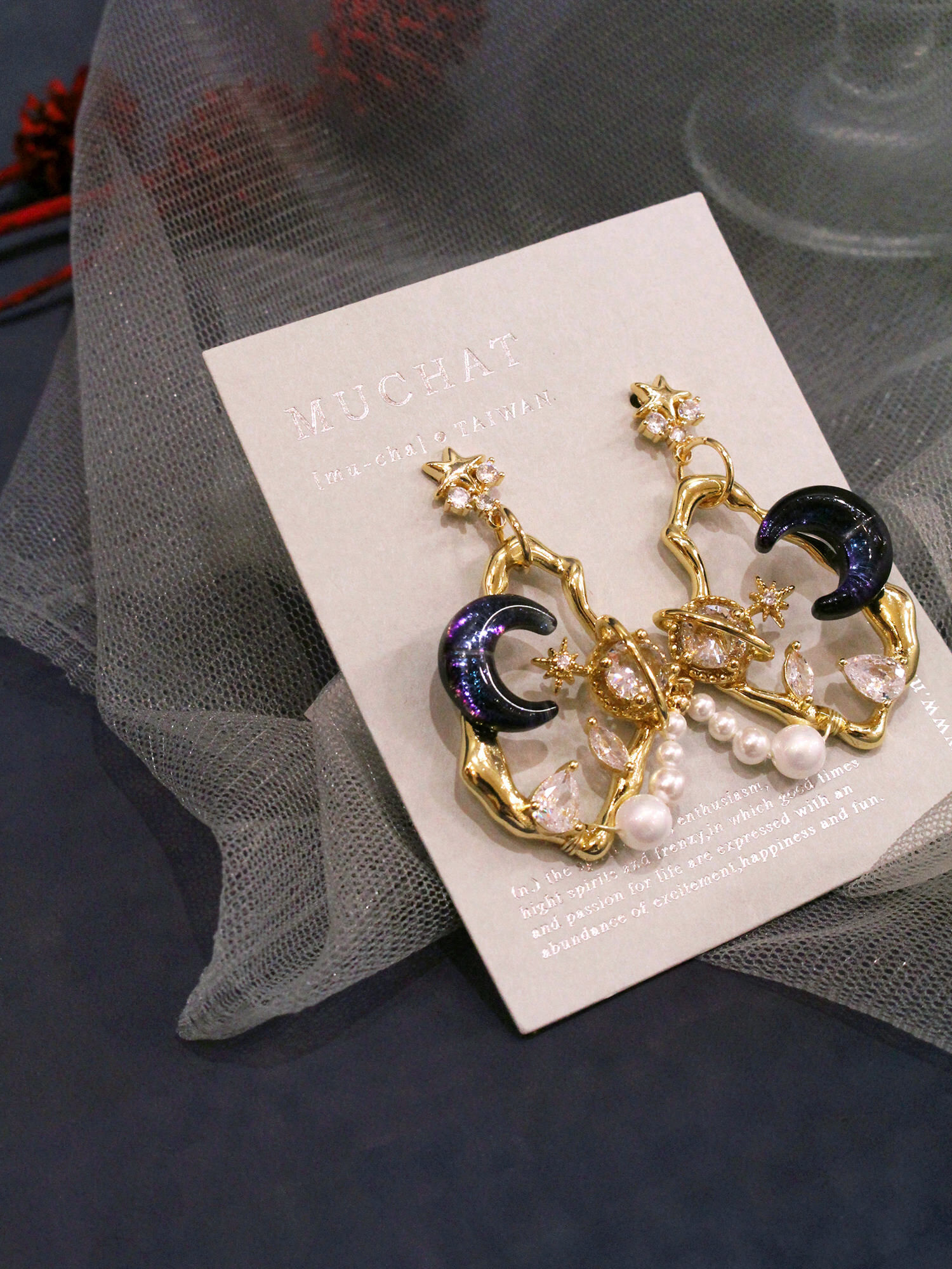 暗夜星月。MUCHAT手作14+18KGP鏤空星月珍珠純銀針耳環