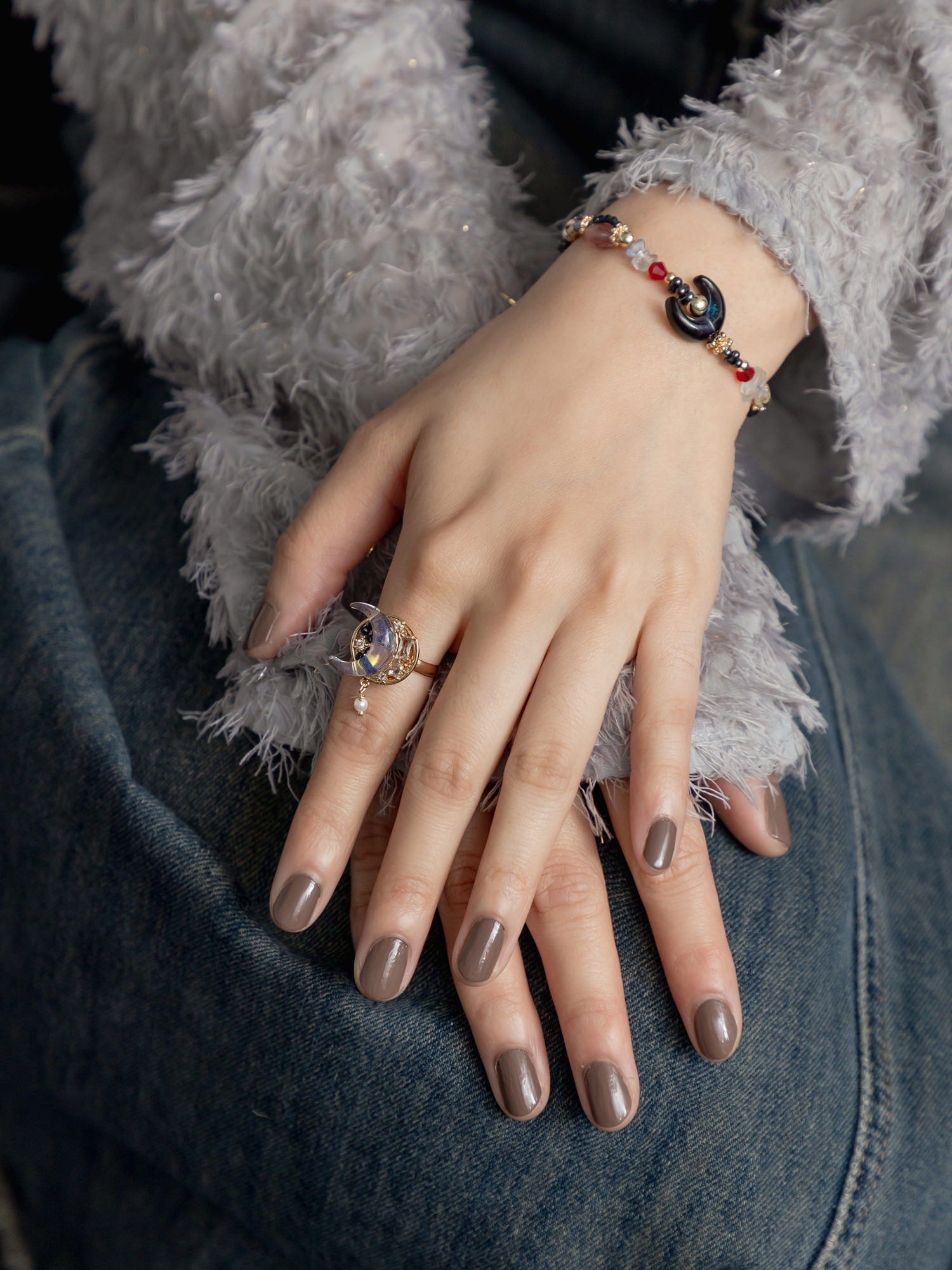 暗夜星月。MUCHAT手作14KGP鋯石月亮戒指