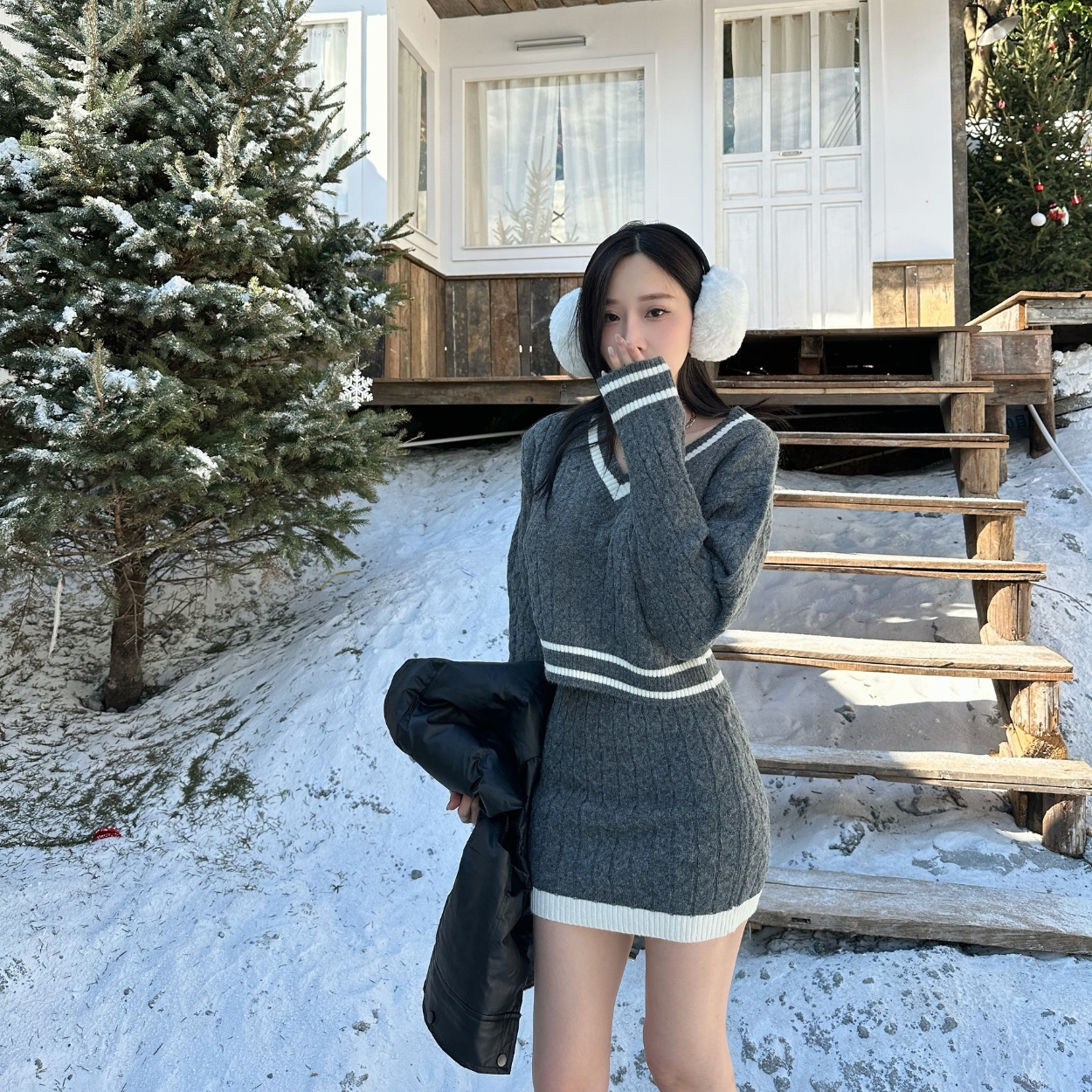 【香榭巴黎】DOMISS學院風V領毛衣套裝 針織洋裝 毛衣裙(現+預)