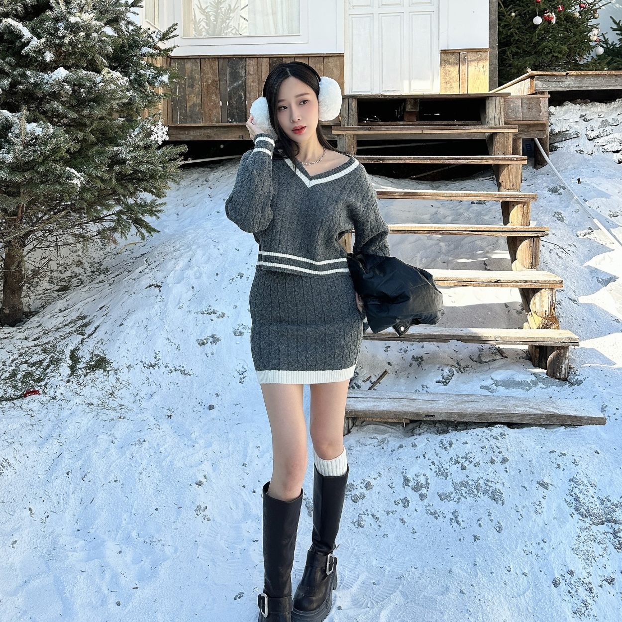 【香榭巴黎】DOMISS學院風V領毛衣套裝 針織洋裝 毛衣裙(現+預)