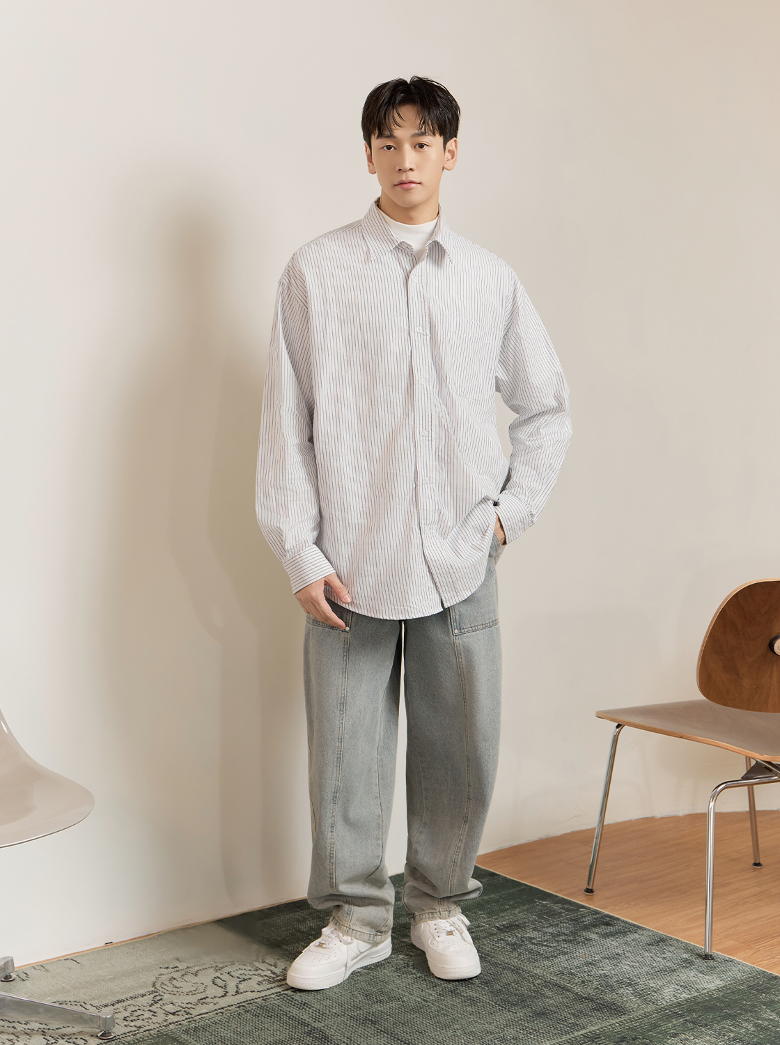 超寬型直條牛津襯衫