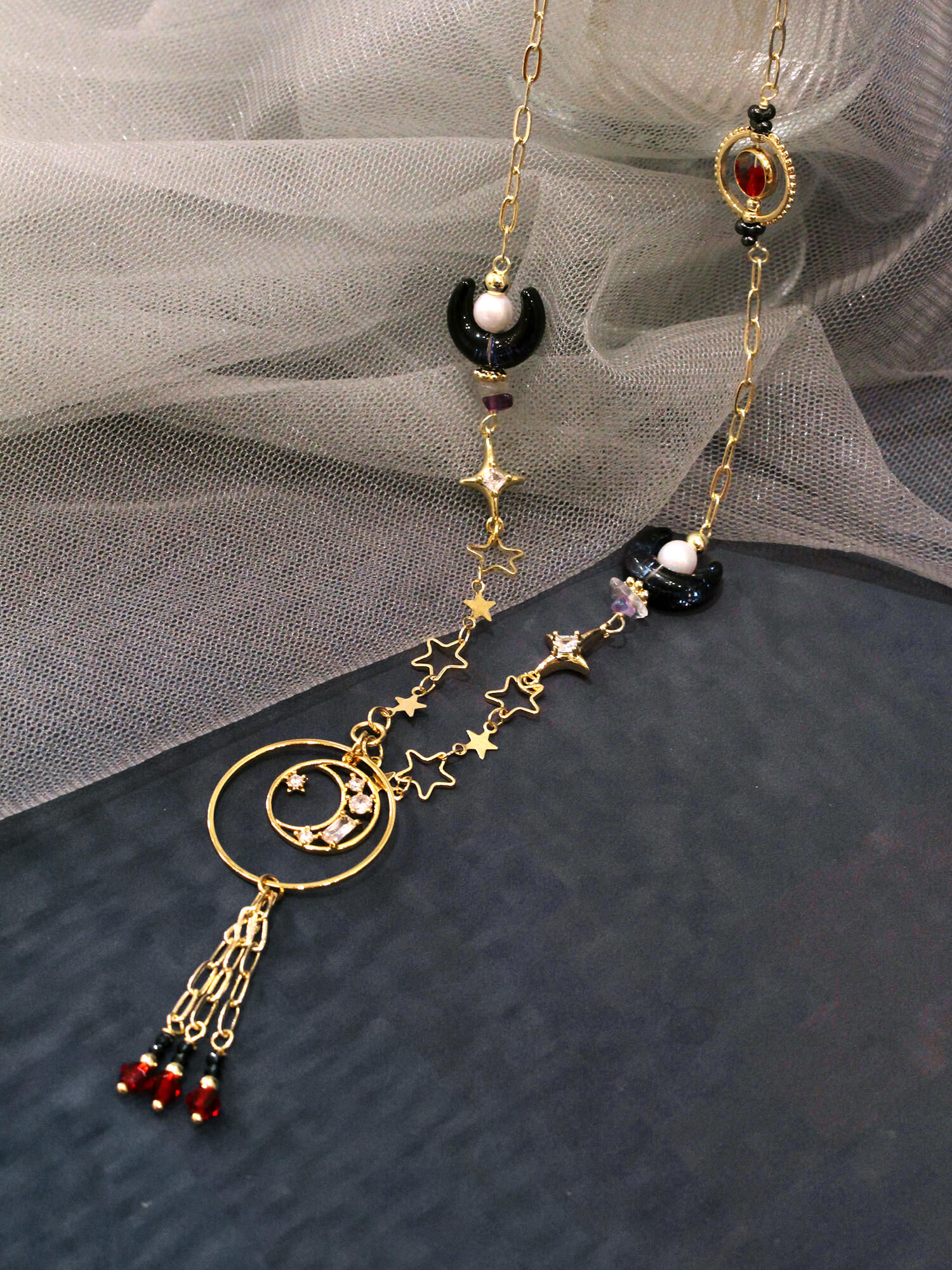 暗夜星月。MUCHAT手作14KGP螢石雙月星芒長項鍊