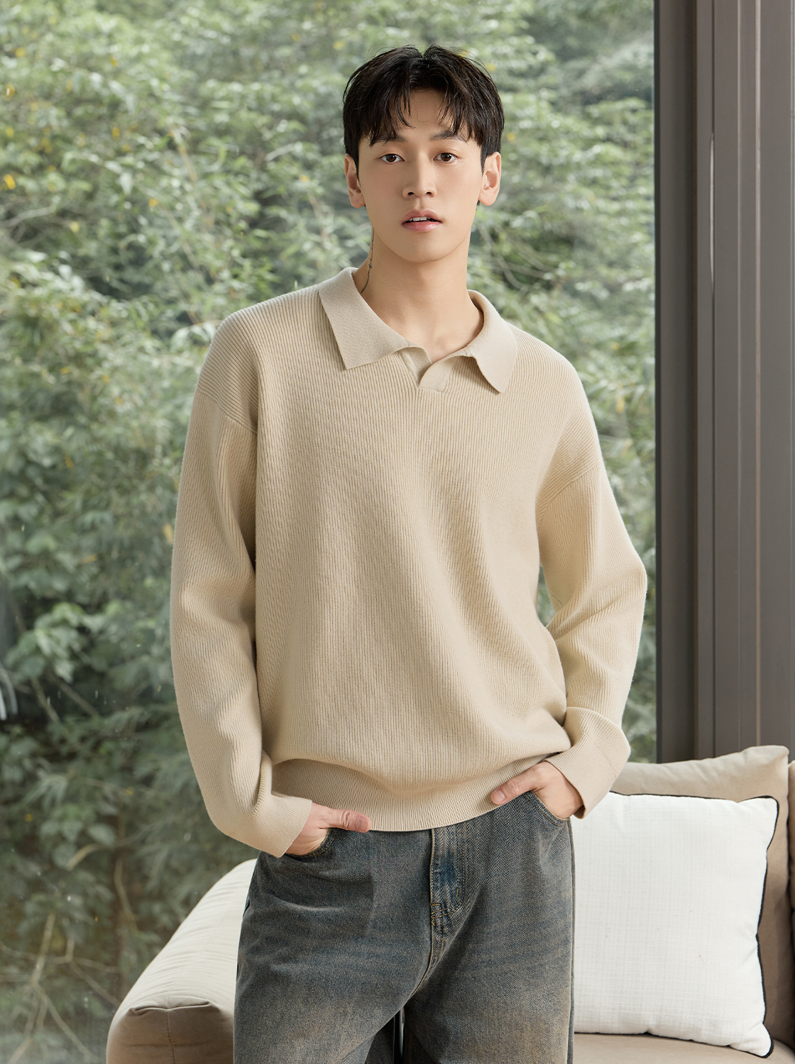 抗起球開領粗坑條毛衣