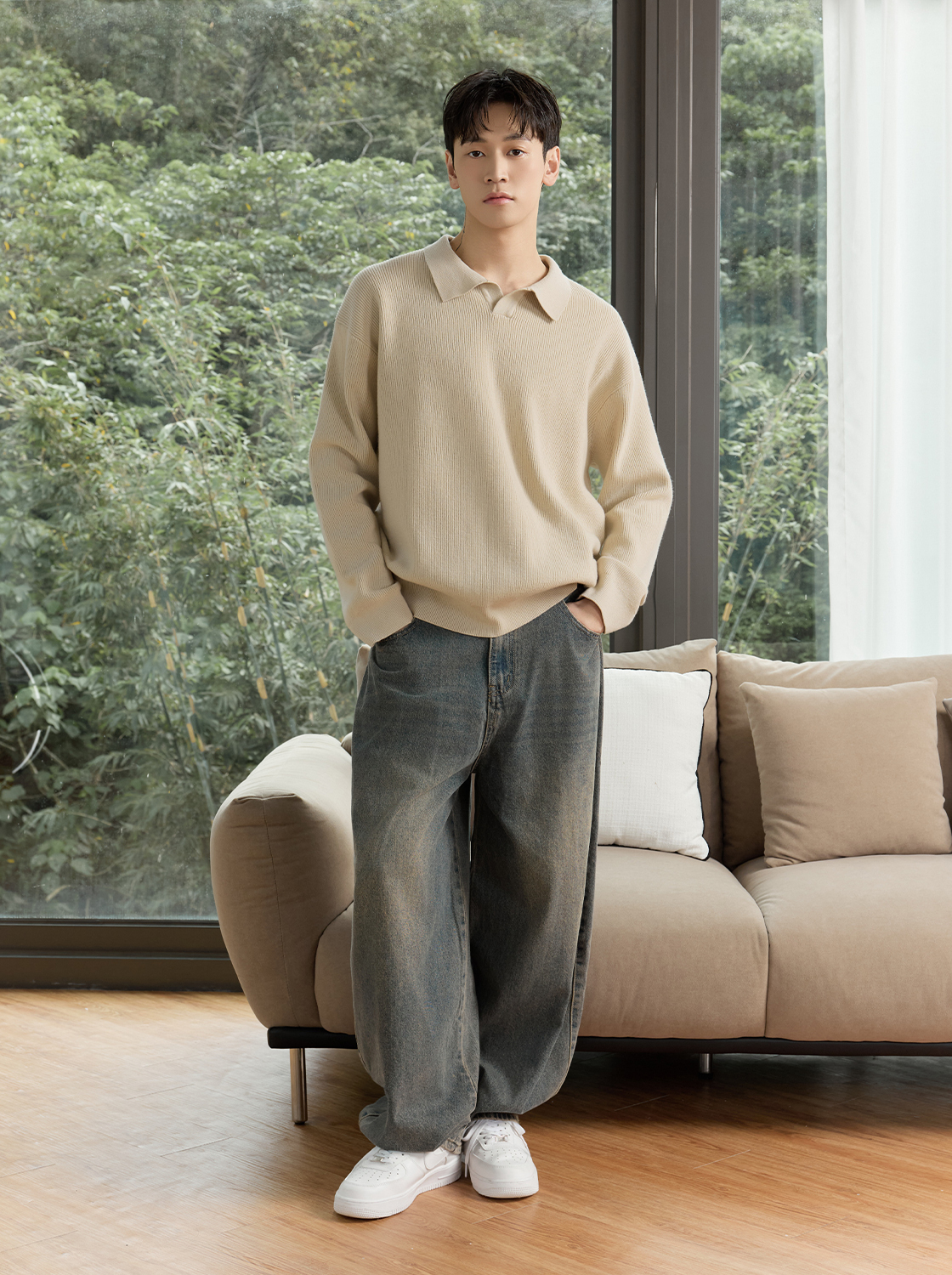 抗起球開領粗坑條毛衣