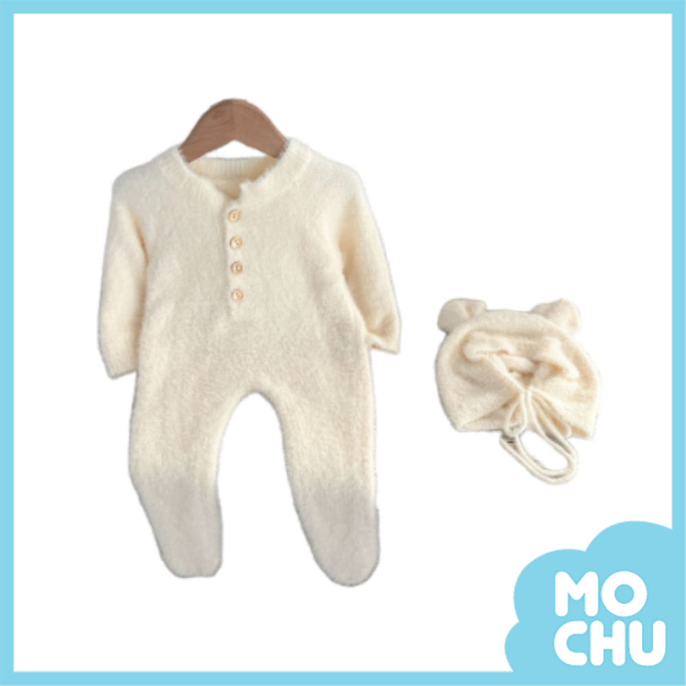 熊寶寶水貂絨包腳連身衣-附帽(五色)