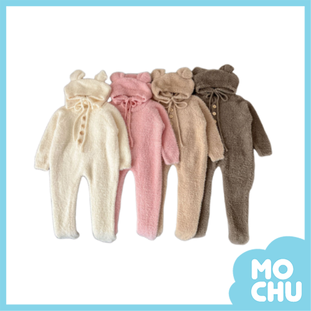熊寶寶水貂絨包腳連身衣-附帽(五色)