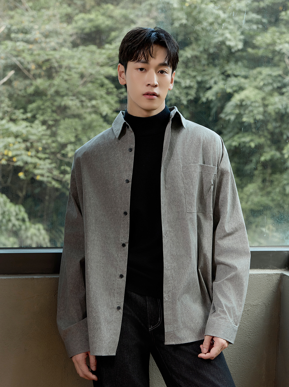 渲染感單口袋長袖襯衫