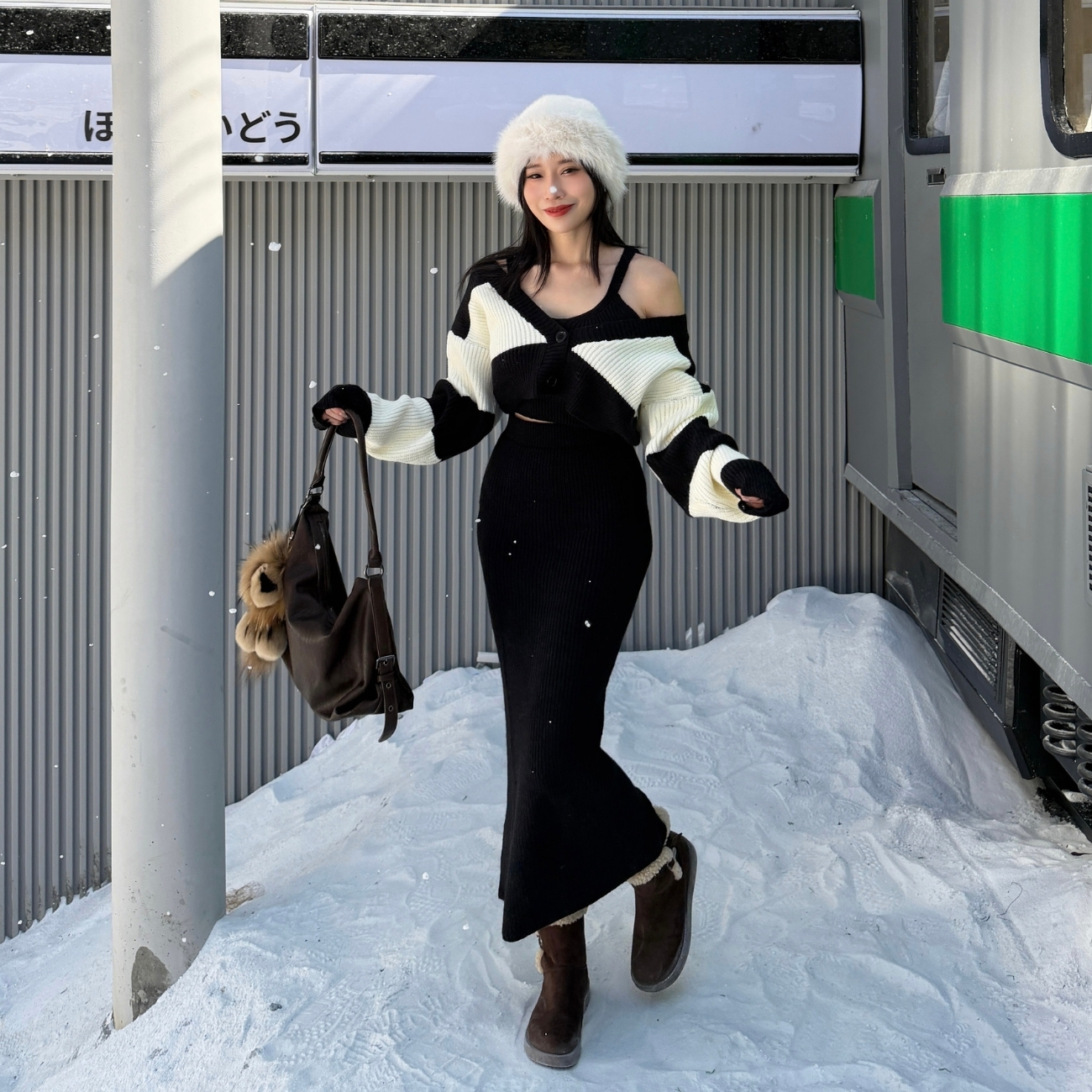 【顯瘦三件套】DOMISS撞色外套+背心+長裙 毛衣裙 洋裝三件套 針織洋裝 長洋裝(現+預)