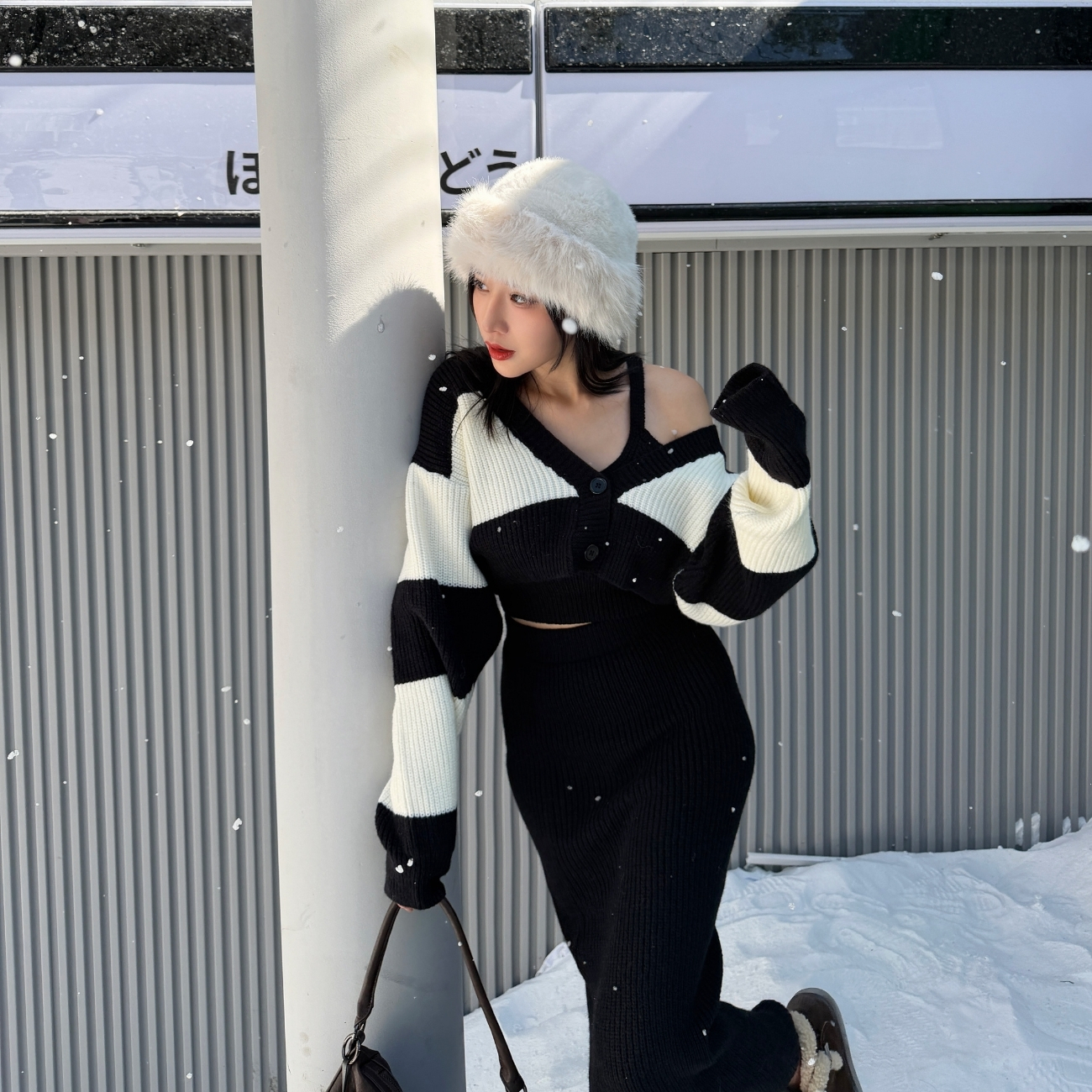 【顯瘦三件套】DOMISS撞色外套+背心+長裙 毛衣裙 洋裝三件套 針織洋裝 長洋裝(現+預)