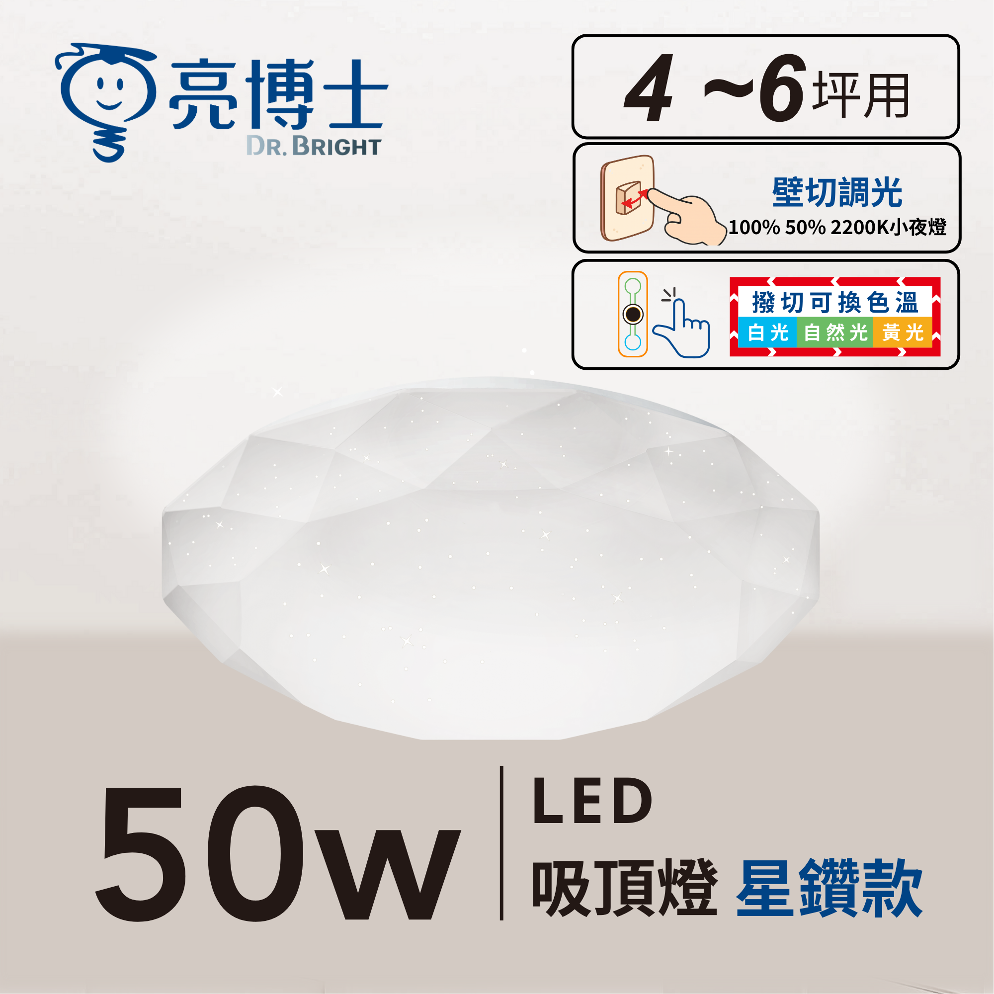 LED 50W 星空/星鑽/滿月(昕圓滿) 三色撥碼 壁切調光 吸頂燈