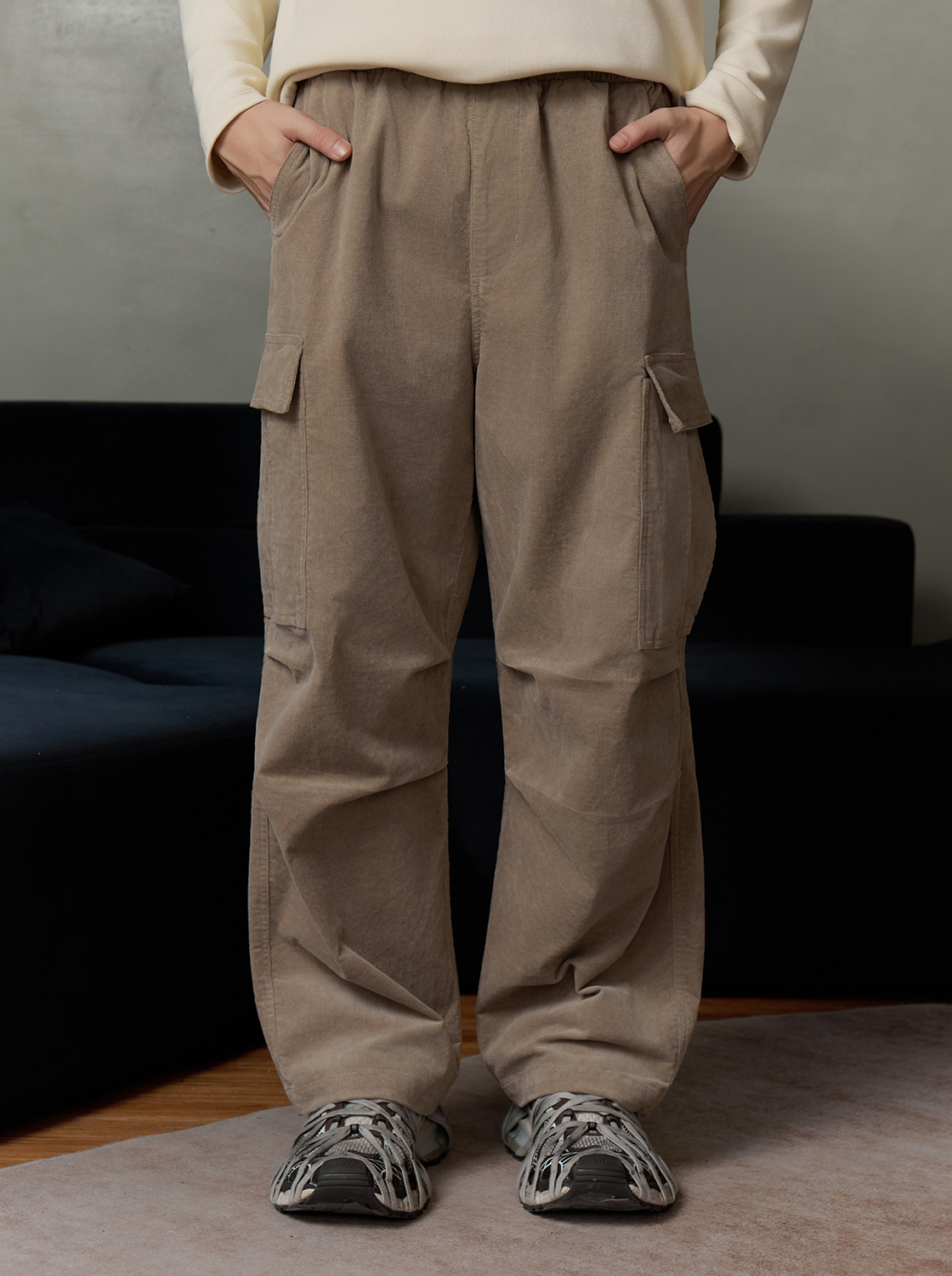 【期間限定】絨感綁繩超寬闊腿傘兵褲