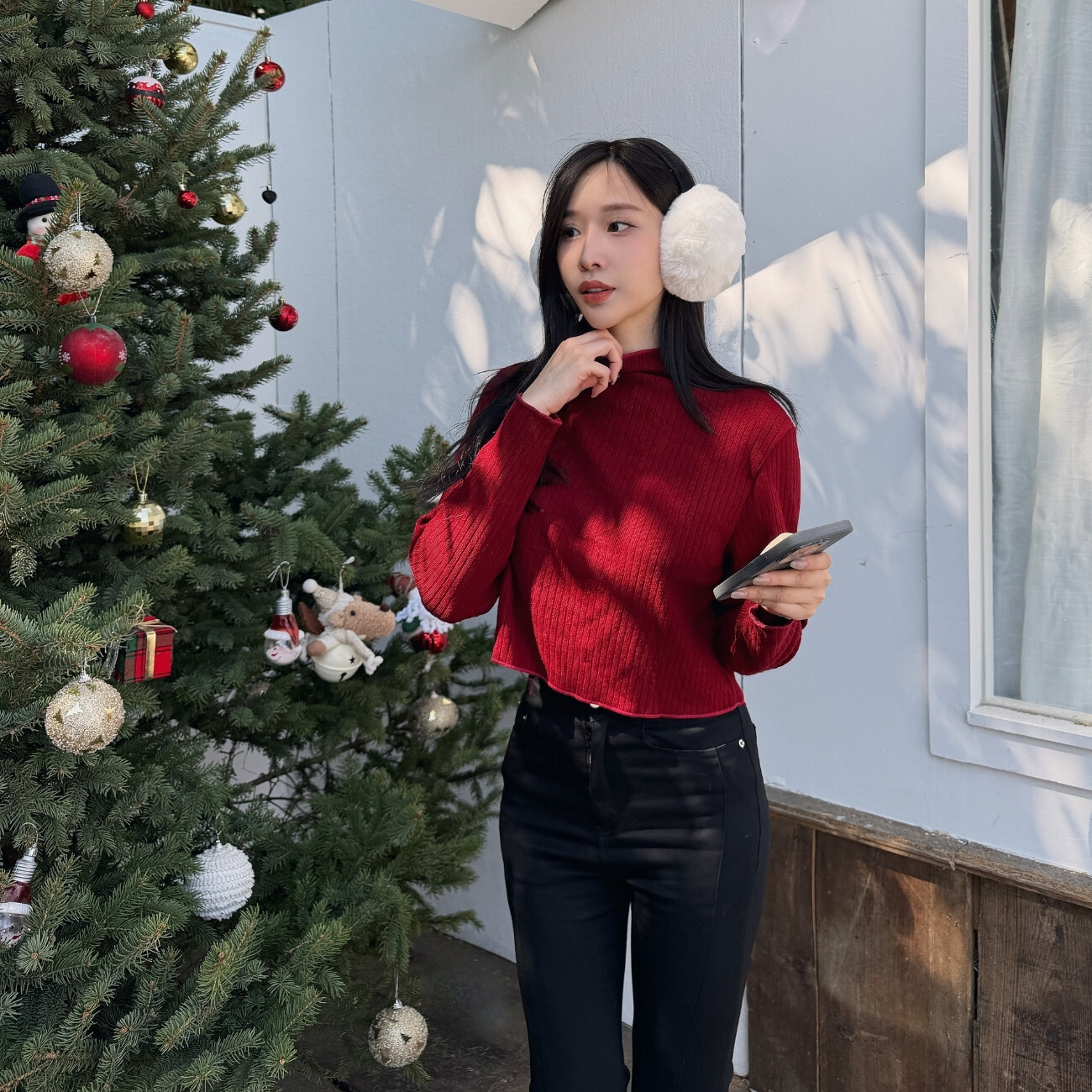 【聖誕限定】DOMISS自訂-紅心短版針織上衣 坑紋毛衣-2色(現貨)