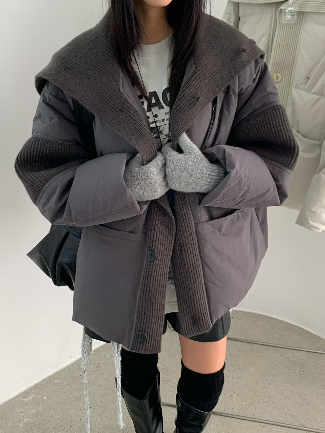 #AD06翻領拼接鴨絨外套(白/墨)