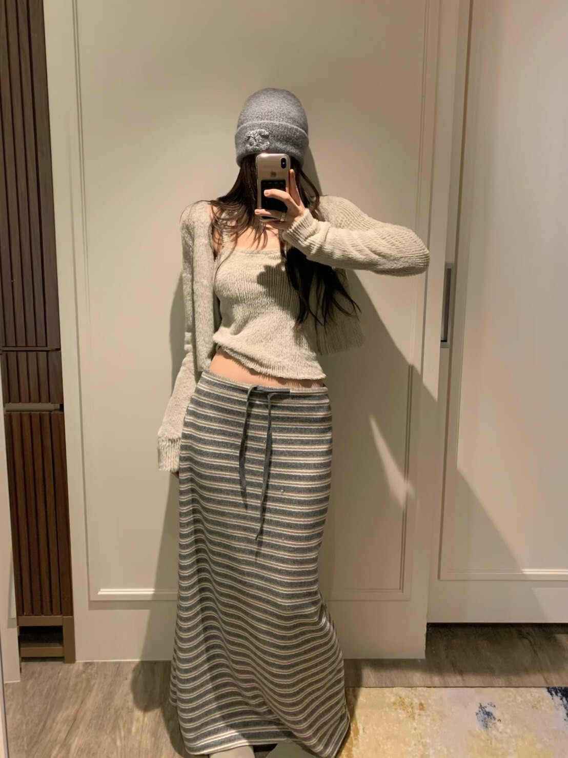 #AD09抽繩撞色條紋長裙(黑/灰)