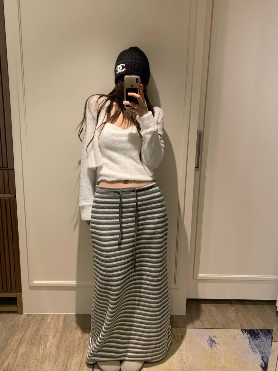 #AD09抽繩撞色條紋長裙(黑/灰)