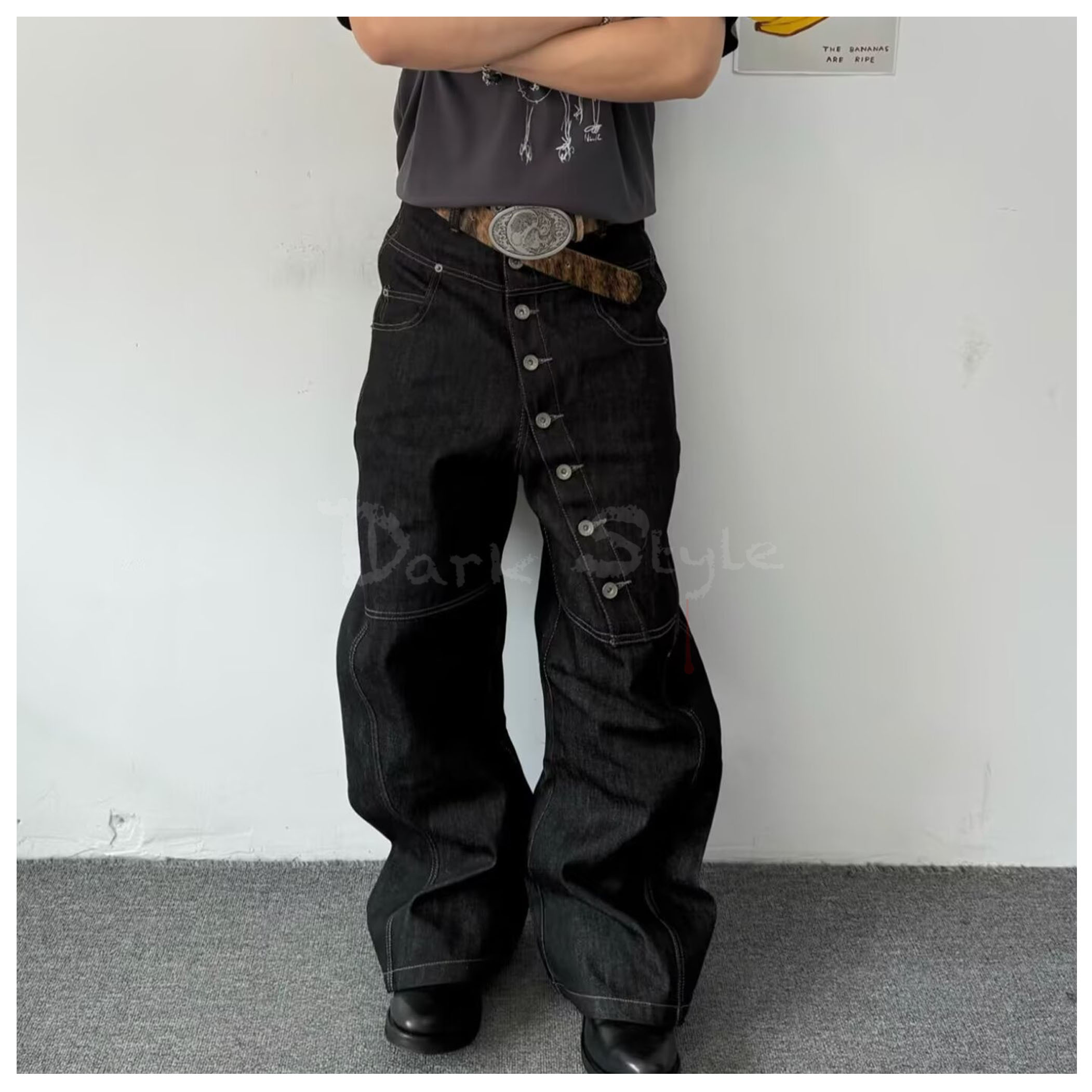 彎-長排釦設計直筒牛仔褲(寬鬆/垮褲)