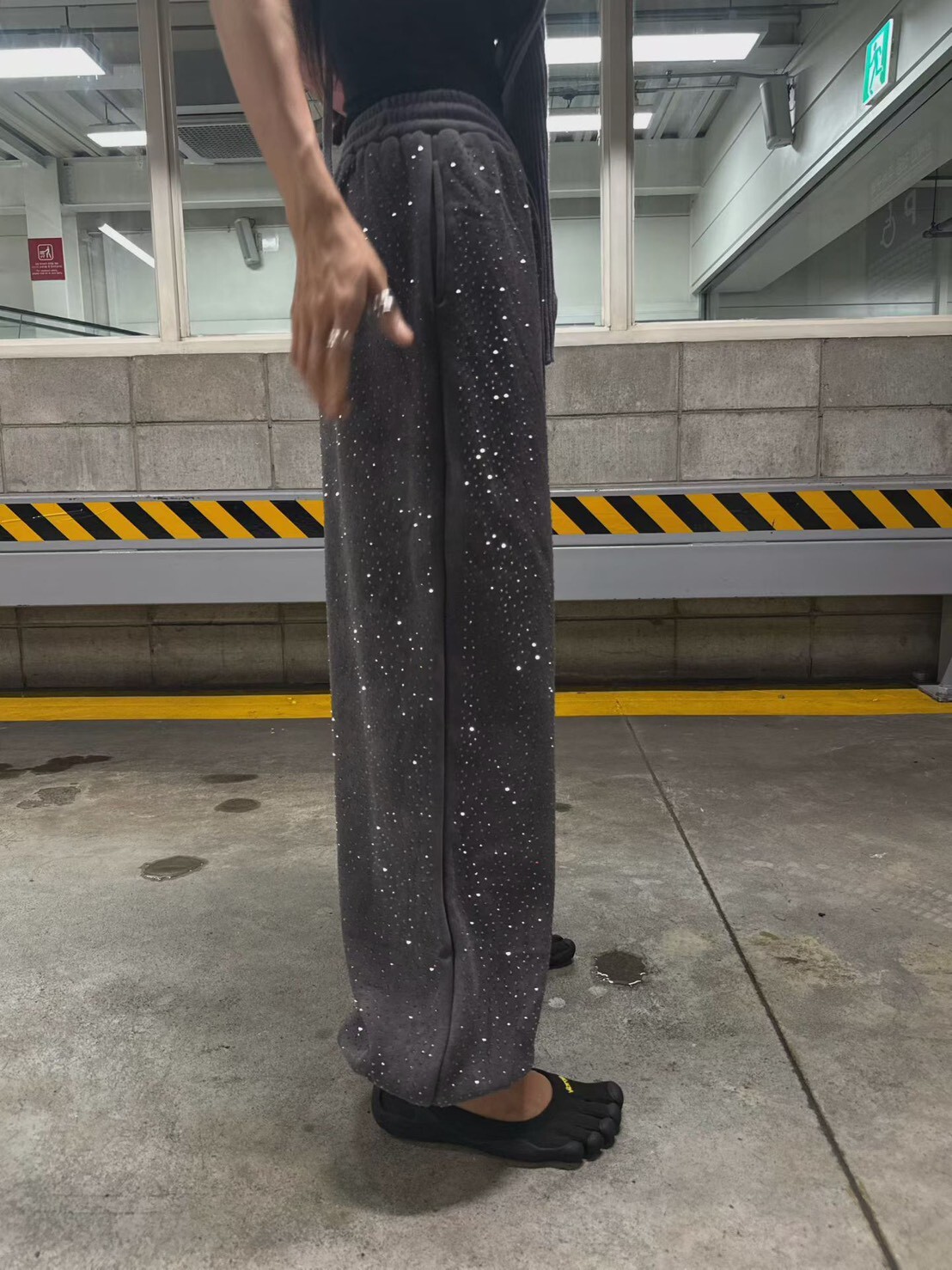 #AD10超級閃亮水鑽棉褲(黑/灰)