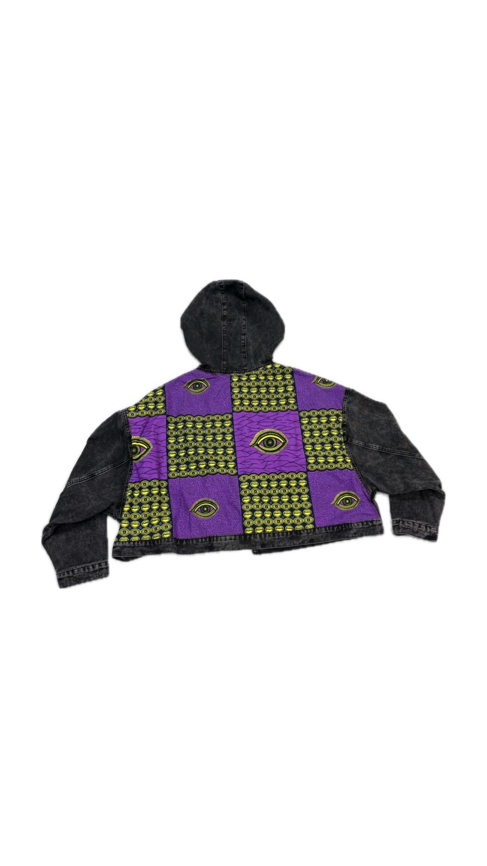 Annstudio / 連帽圖片拼接丹寧外套-黑色水洗 / 大帽款