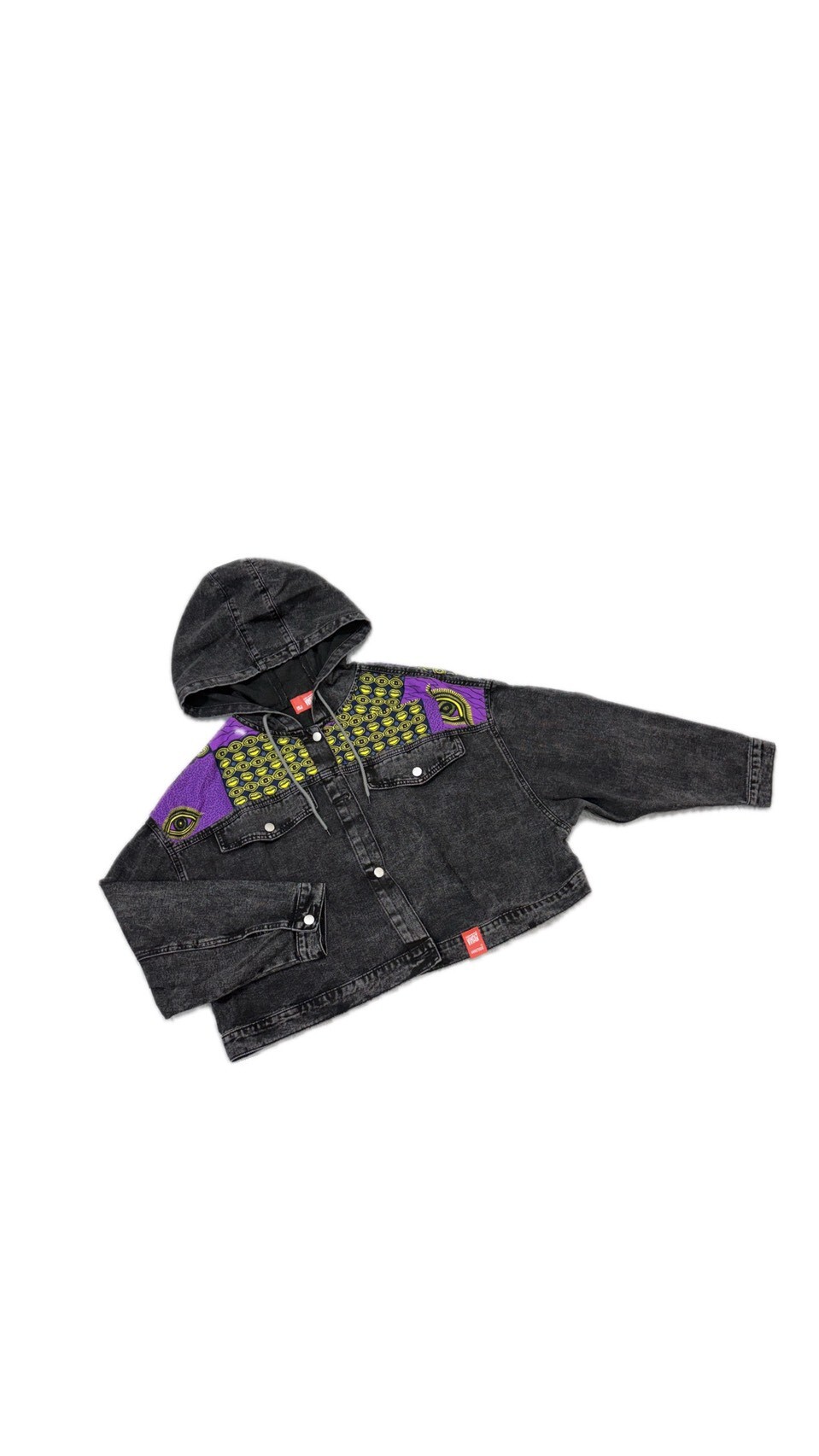 Annstudio / 連帽圖片拼接丹寧外套-黑色水洗 / 大帽款