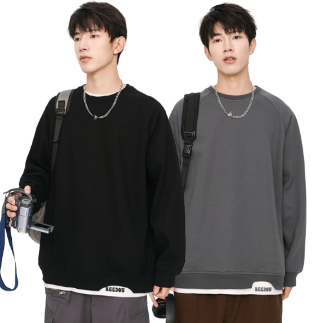 寬鬆圓領假兩件大學T 8865