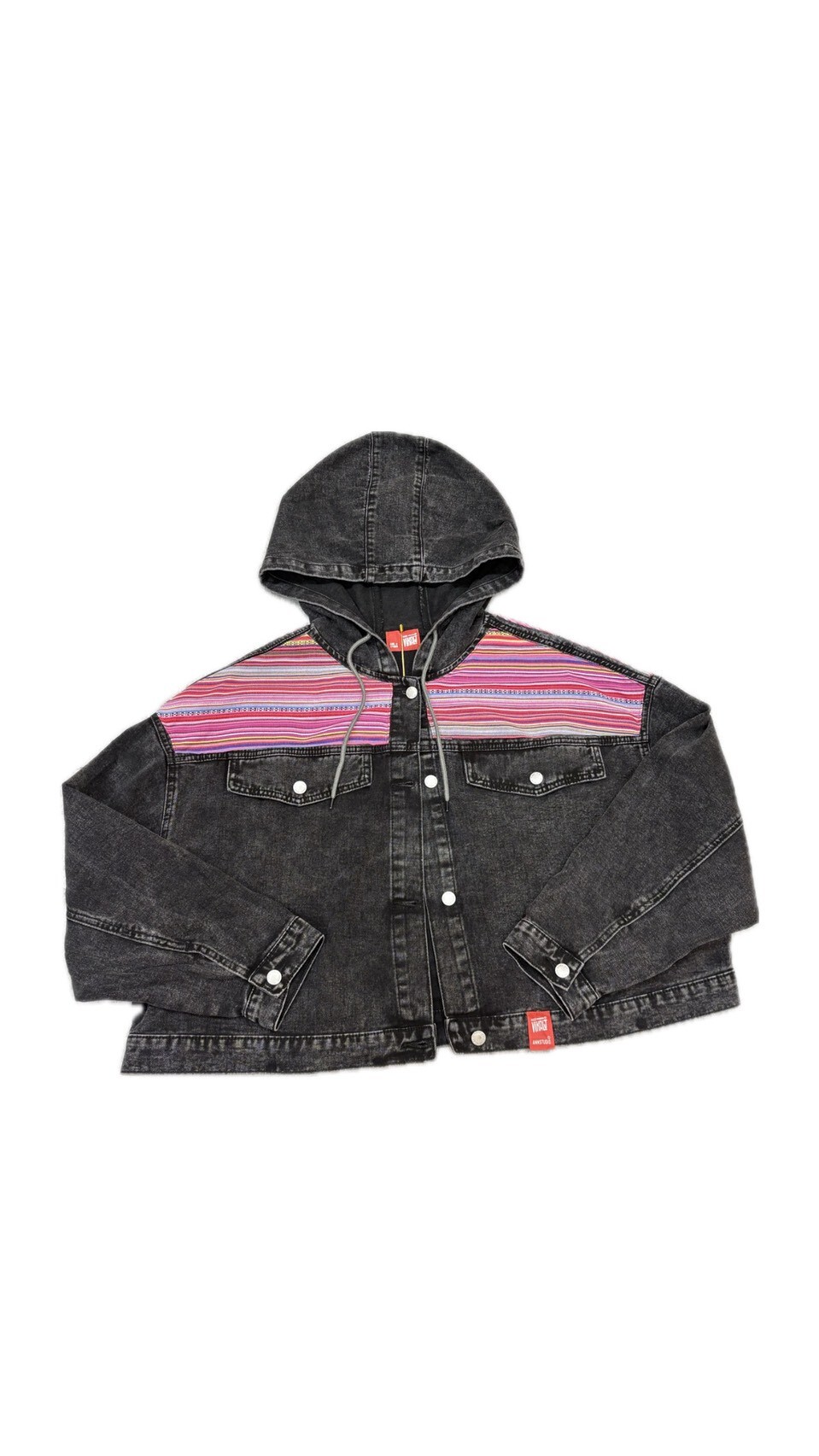 Annstudio / 連帽圖片拼接丹寧外套-黑色水洗 / 大帽款