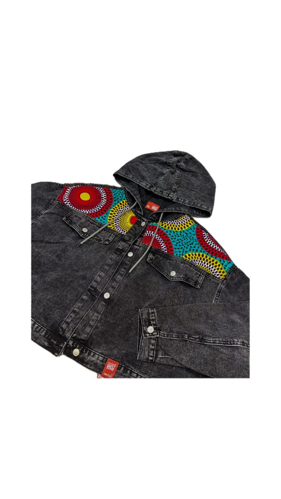 Annstudio / 連帽圖片拼接丹寧外套-黑色水洗 / 大帽款