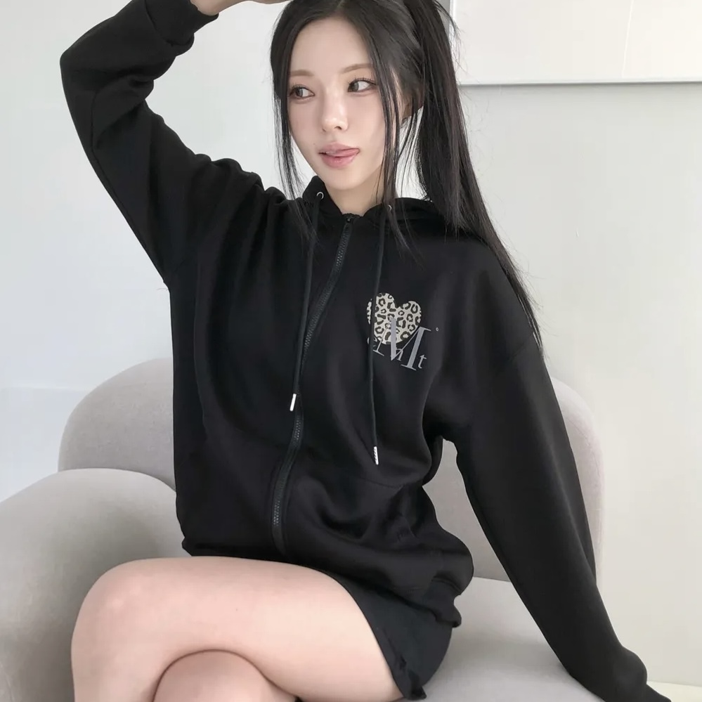 MUCENT 豹紋愛心 連帽 雙拉鍊外套 男女同款 兩色 韓國代購