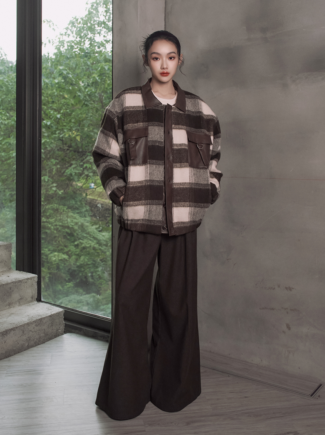 格紋撞皮鋪棉長袖外套