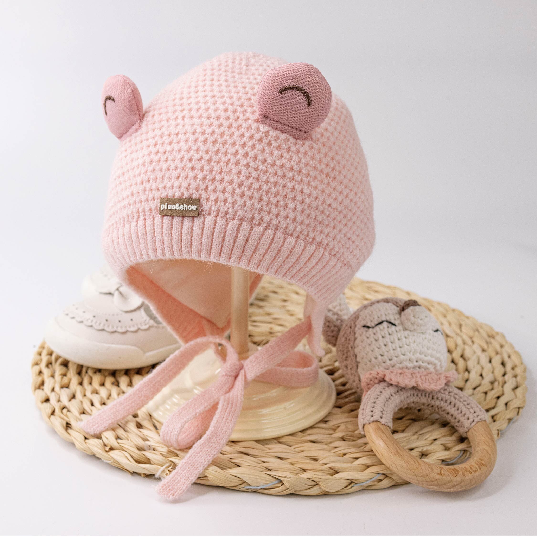 【JA1563】糖粉小耳朵立體織紋護耳寶寶帽