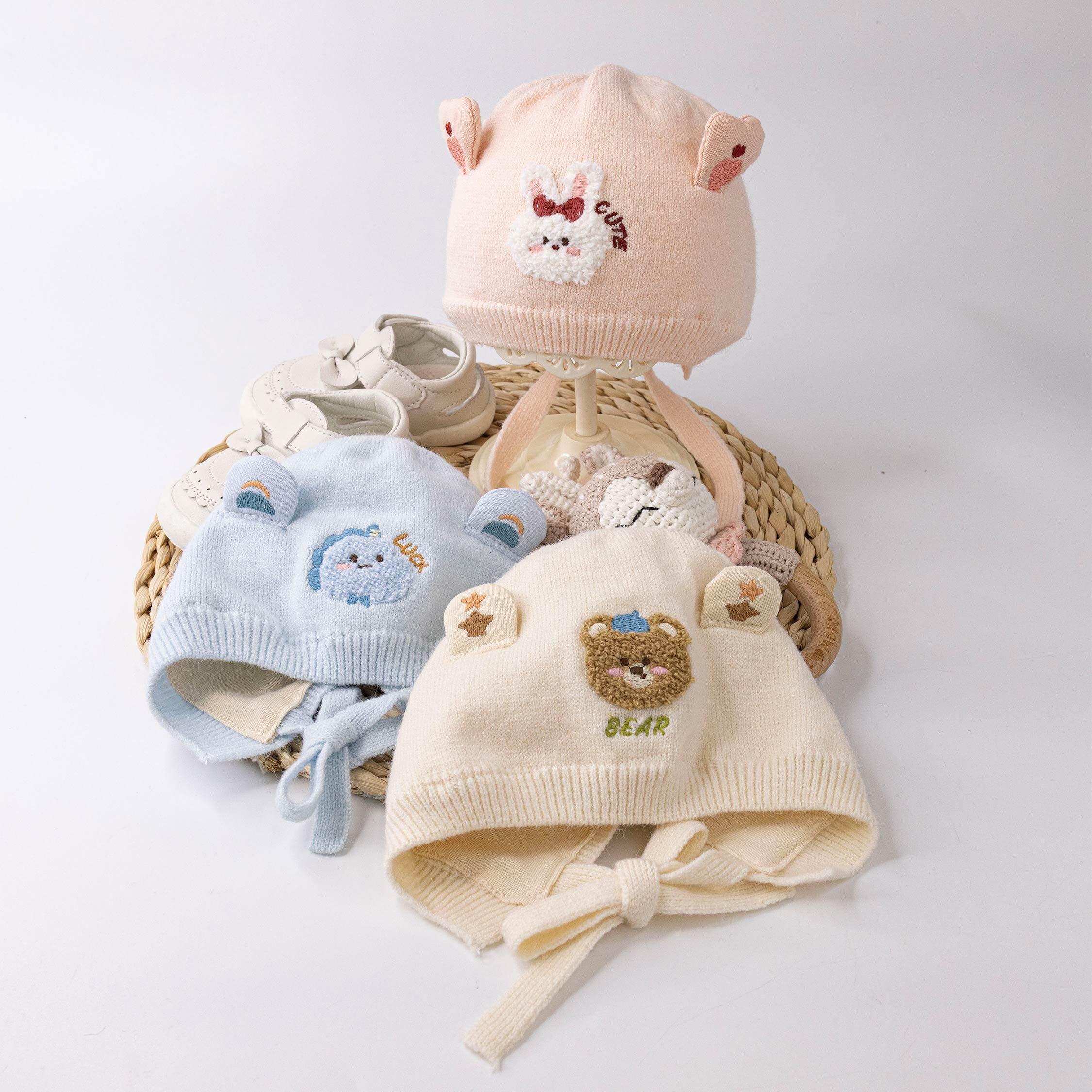 【JA1561】動物圈圈繡針織寶寶帽*三色