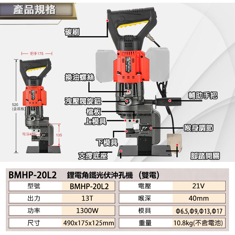 附發票｜鋰電角鐵光伏沖孔機(雙電池)｜鋰電式角鋼切斷機 充電式角鐵角鋼倒角 BMHP-20L2