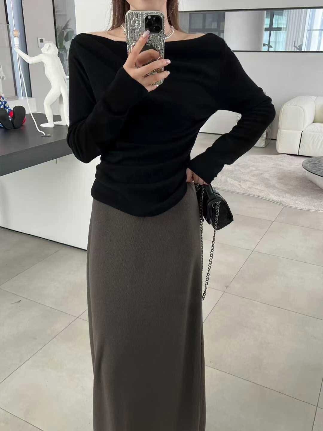 韓-252736歐美感一字領針織上衣