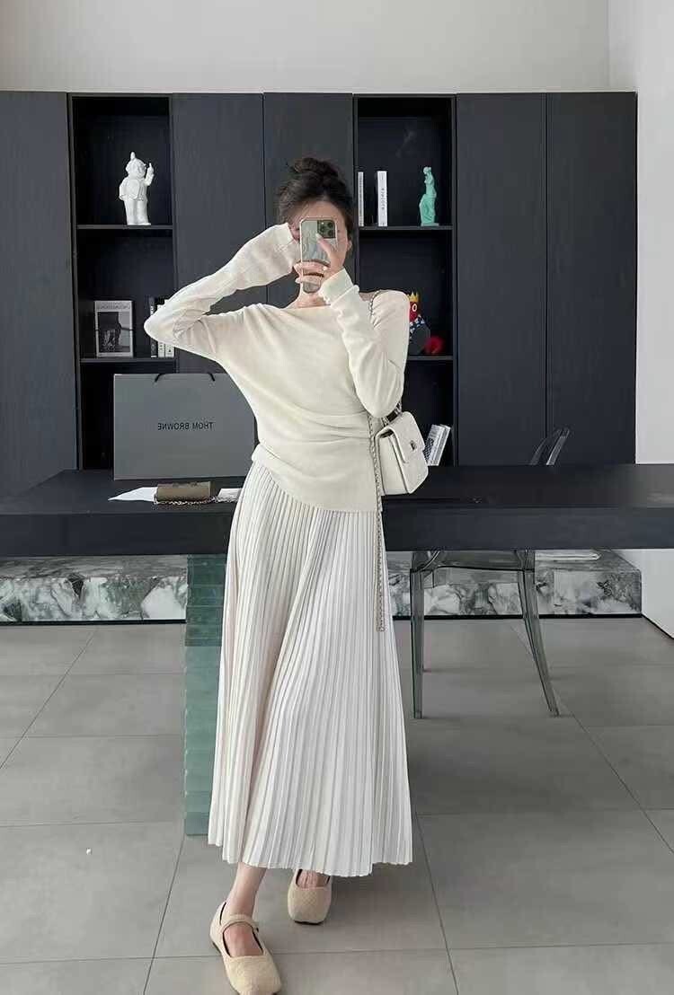 韓-252736歐美感一字領針織上衣