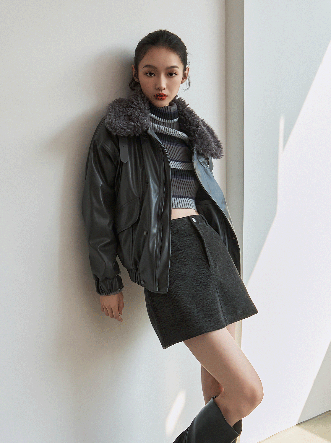 復古大翻毛領皮夾克外套