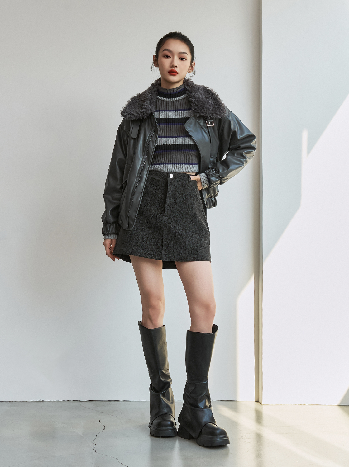 復古大翻毛領皮夾克外套