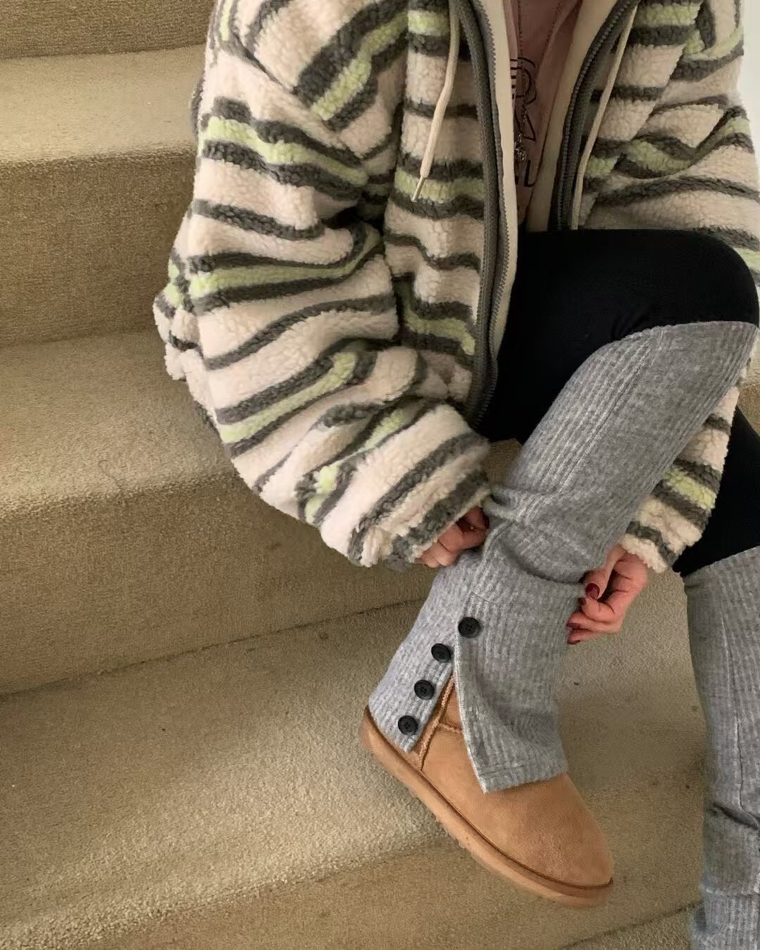 #AD21刷絨拼接打底褲(黑/白/灰)