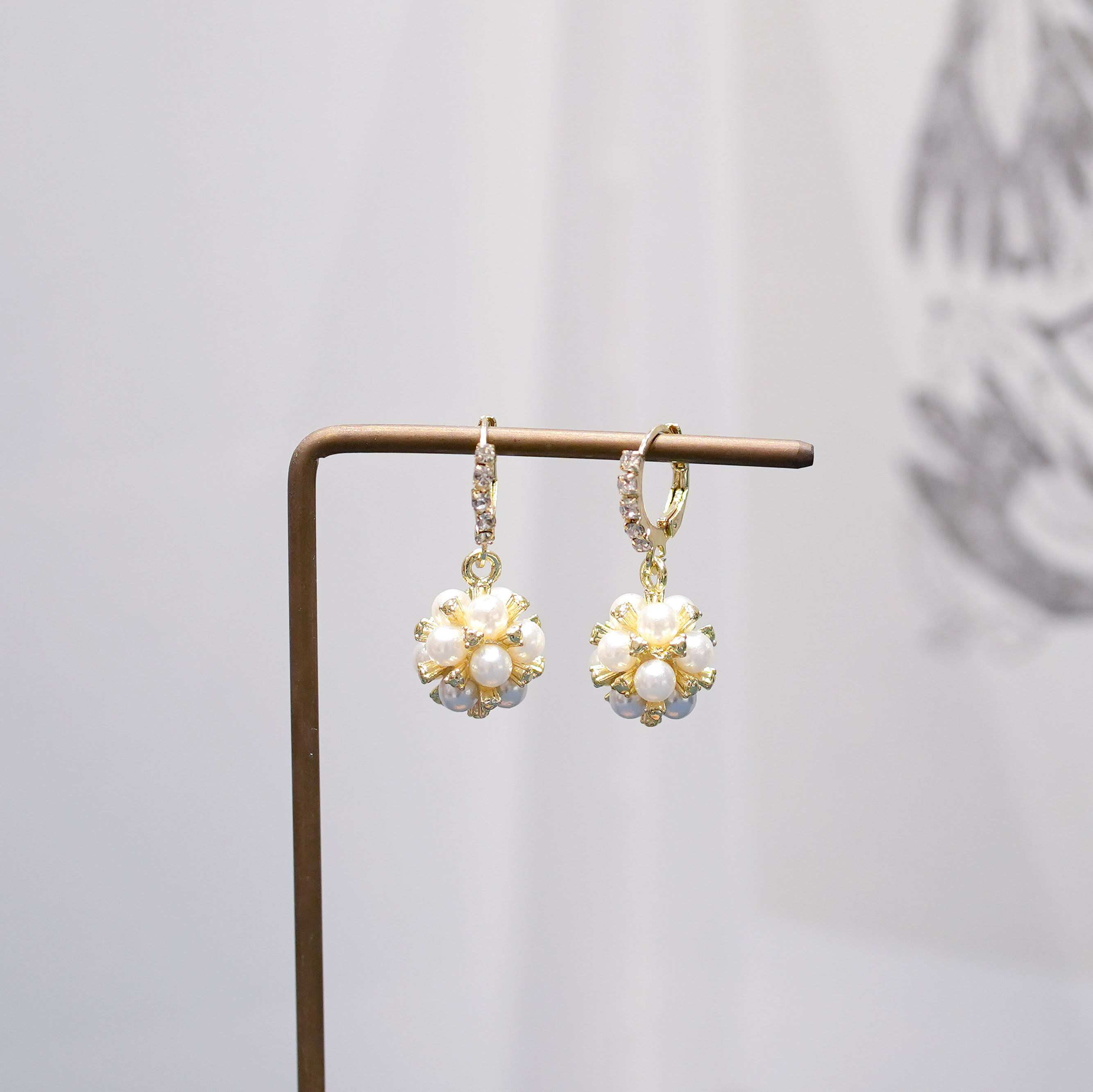 珍珠鋯石光珠球吊墜耳環