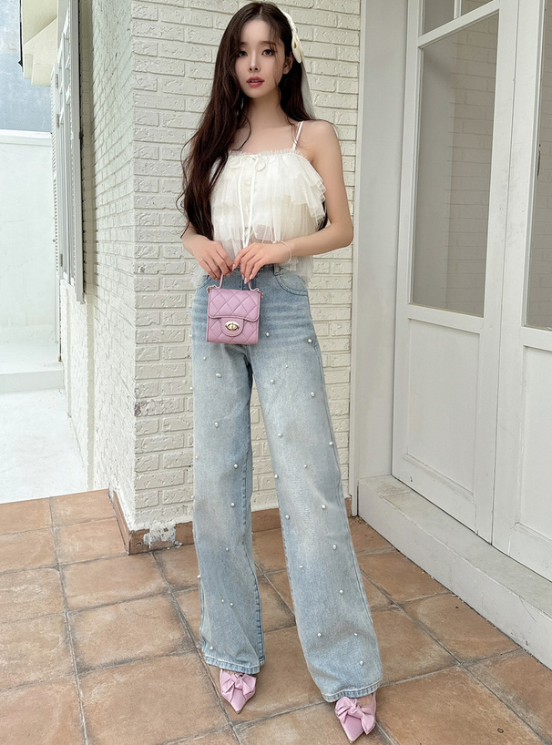 GRL 珍珠直筒牛仔褲