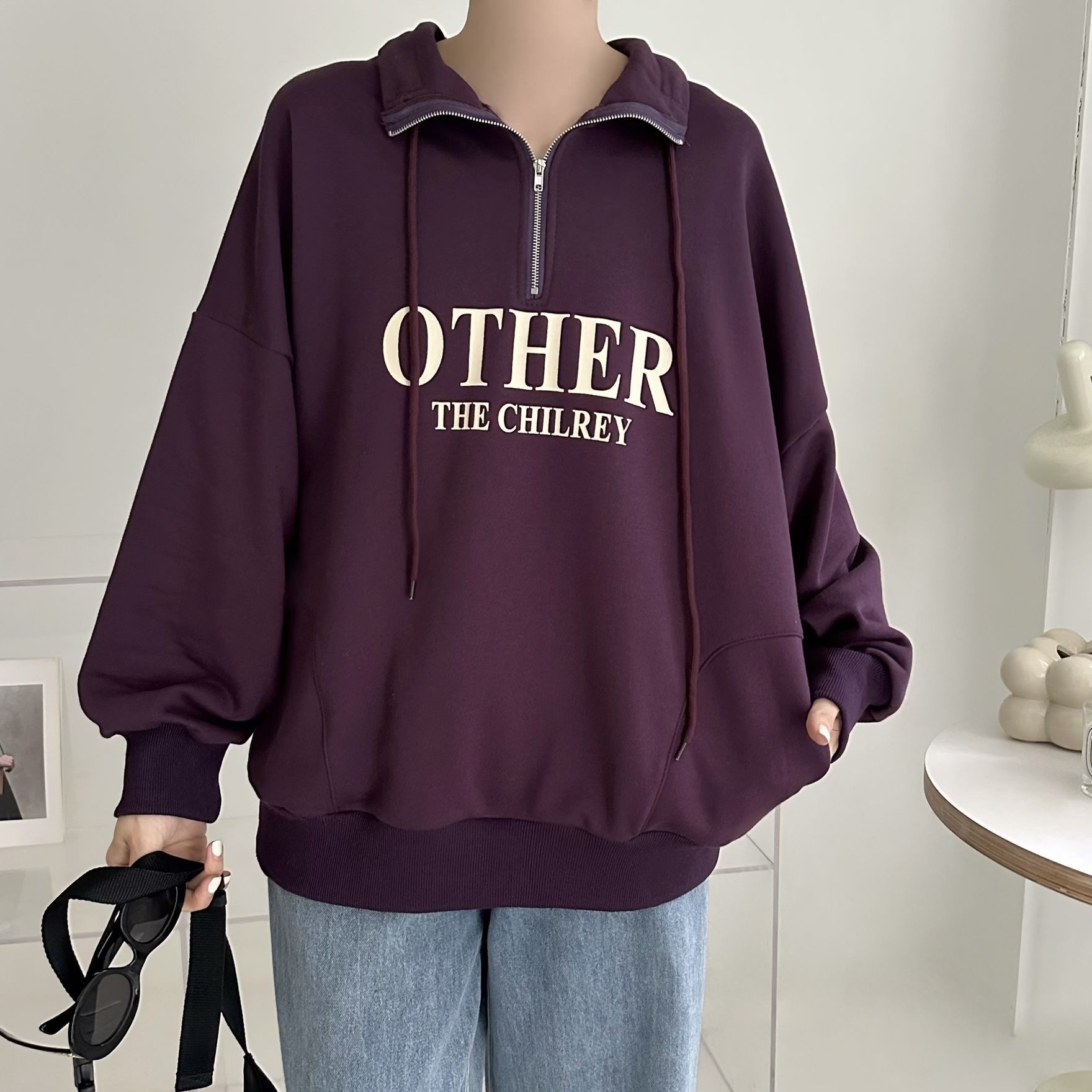 【BONNIE】Other半拉鏈OverSize珠地衛衣  - 3色選擇 (C40-C42)