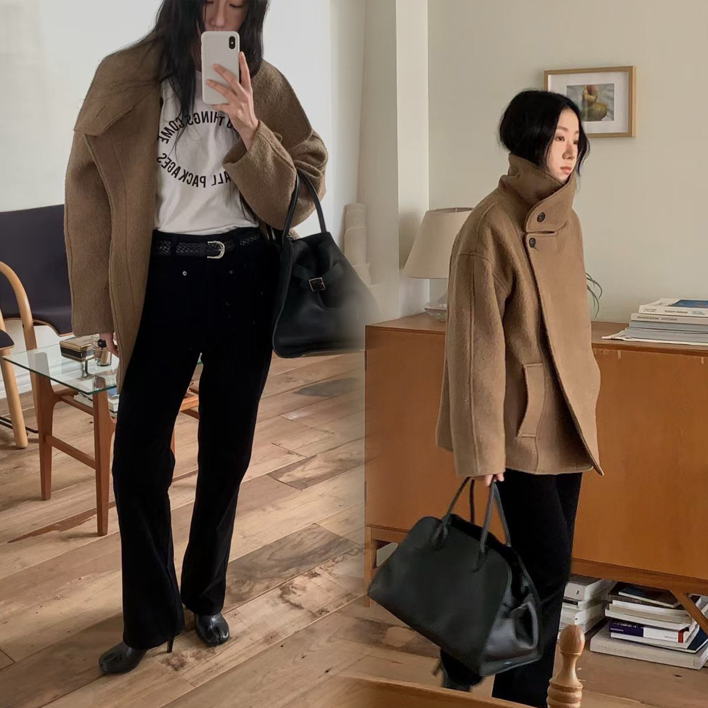 奶茶杏兩穿式立領翻領雙釦毛呢外套