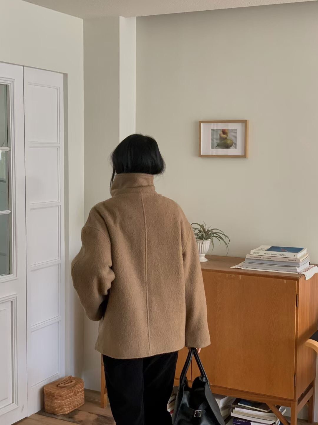 奶茶杏兩穿式立領翻領雙釦毛呢外套