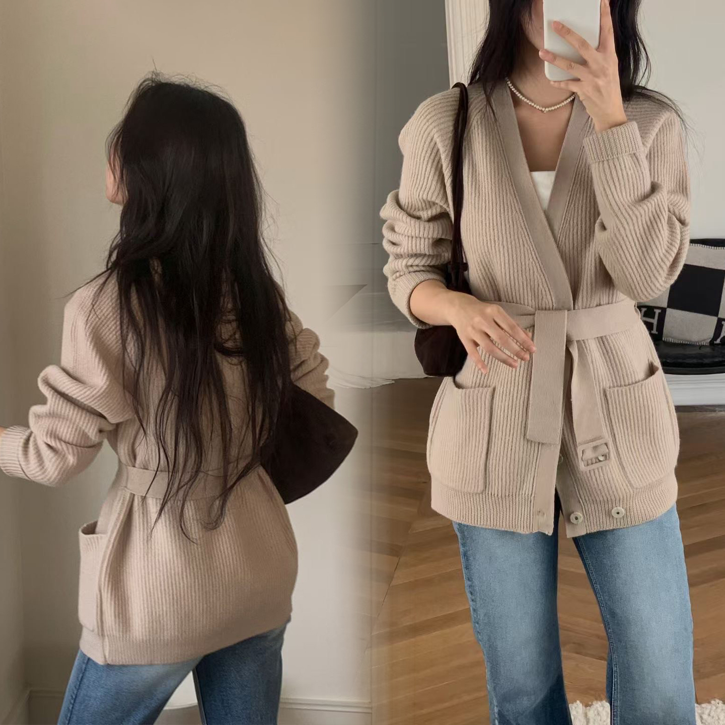 慵懶氣息V領雙口袋針織外套-附綁帶 / 3色