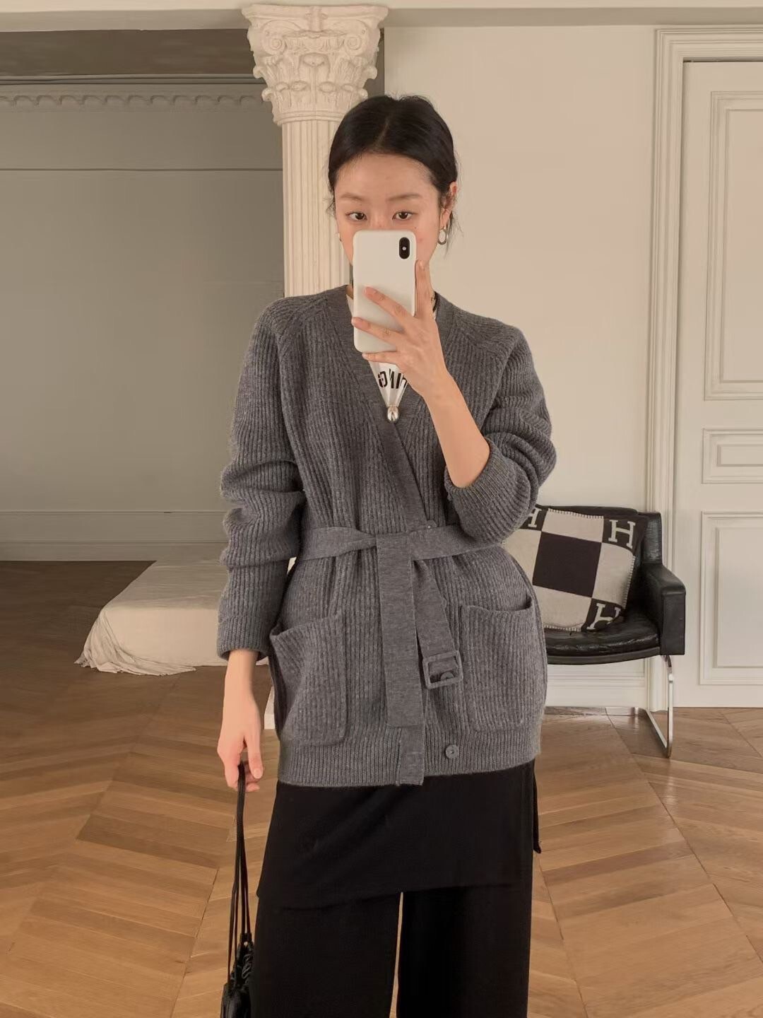 慵懶氣息V領雙口袋針織外套-附綁帶 / 3色