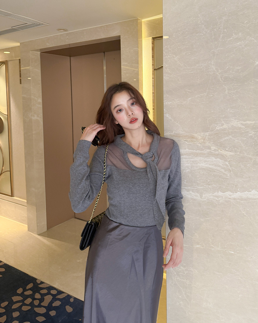 LINA LINA微辣篇章透紗綁結造型假兩件上衣-質感灰