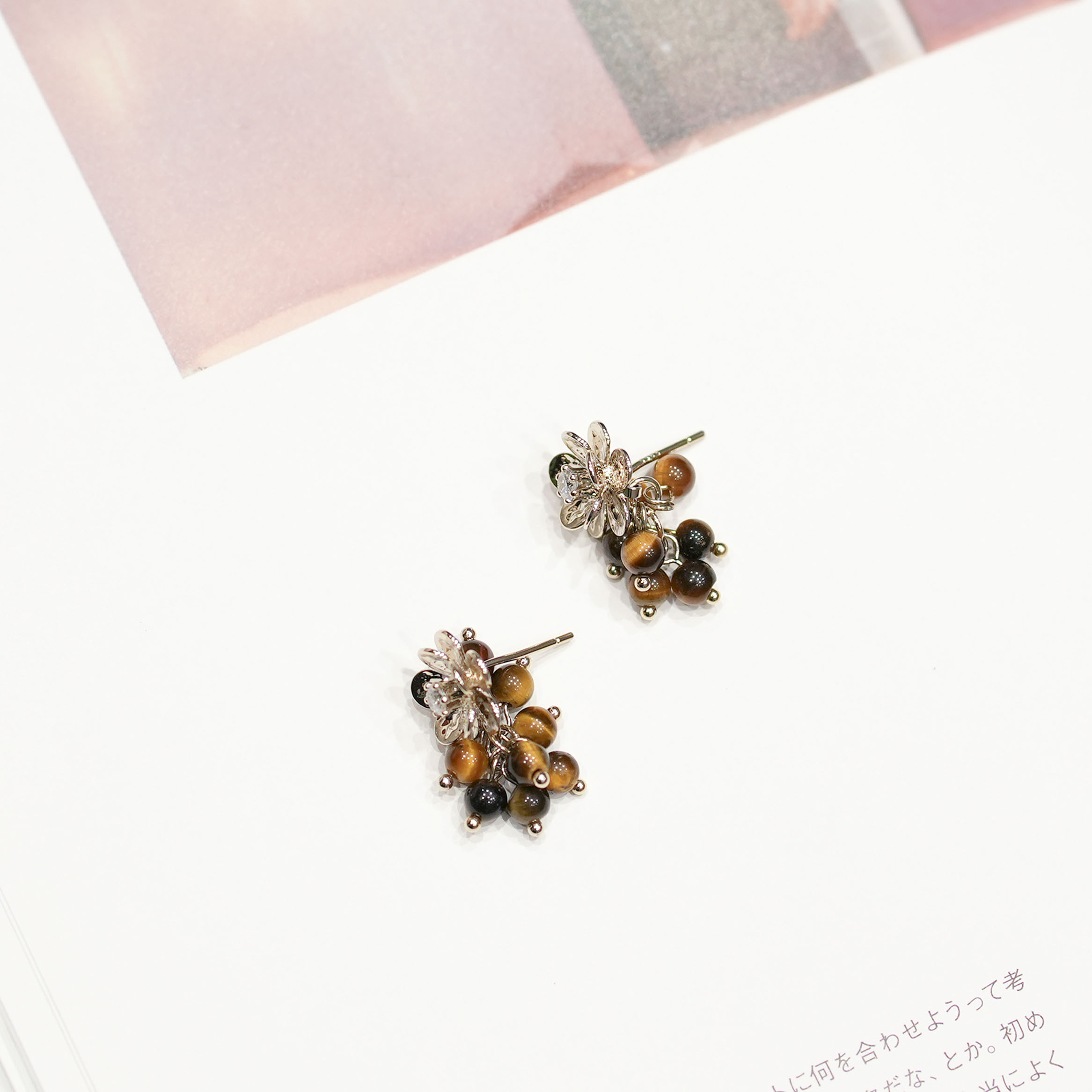 純銀花朵虎眼流蘇耳環