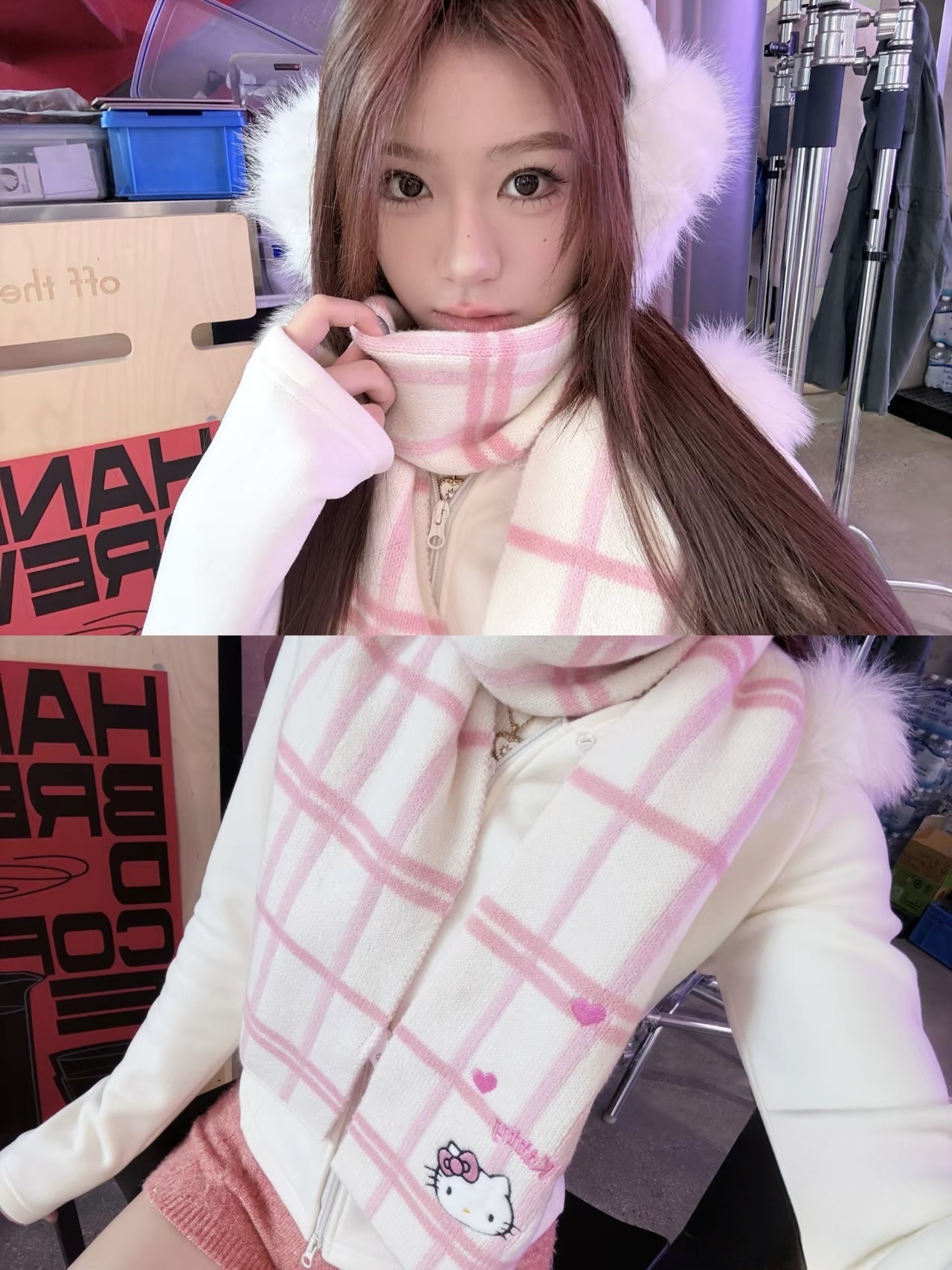 KTQ STORE ‧ Sanrio 三麗鷗系列 Hello Kitty 毛絨格紋圍巾