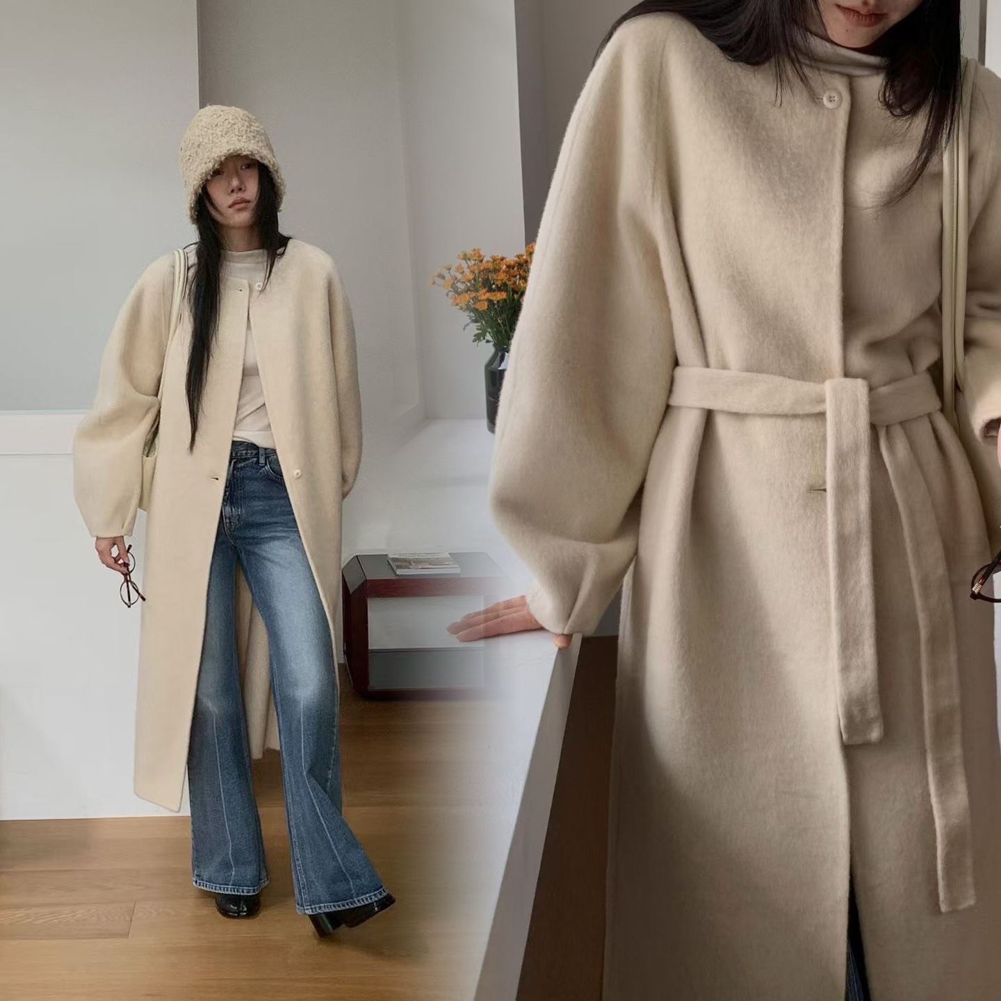 氣質女子圓領長版羊毛大衣外套-附綁帶 / 2色